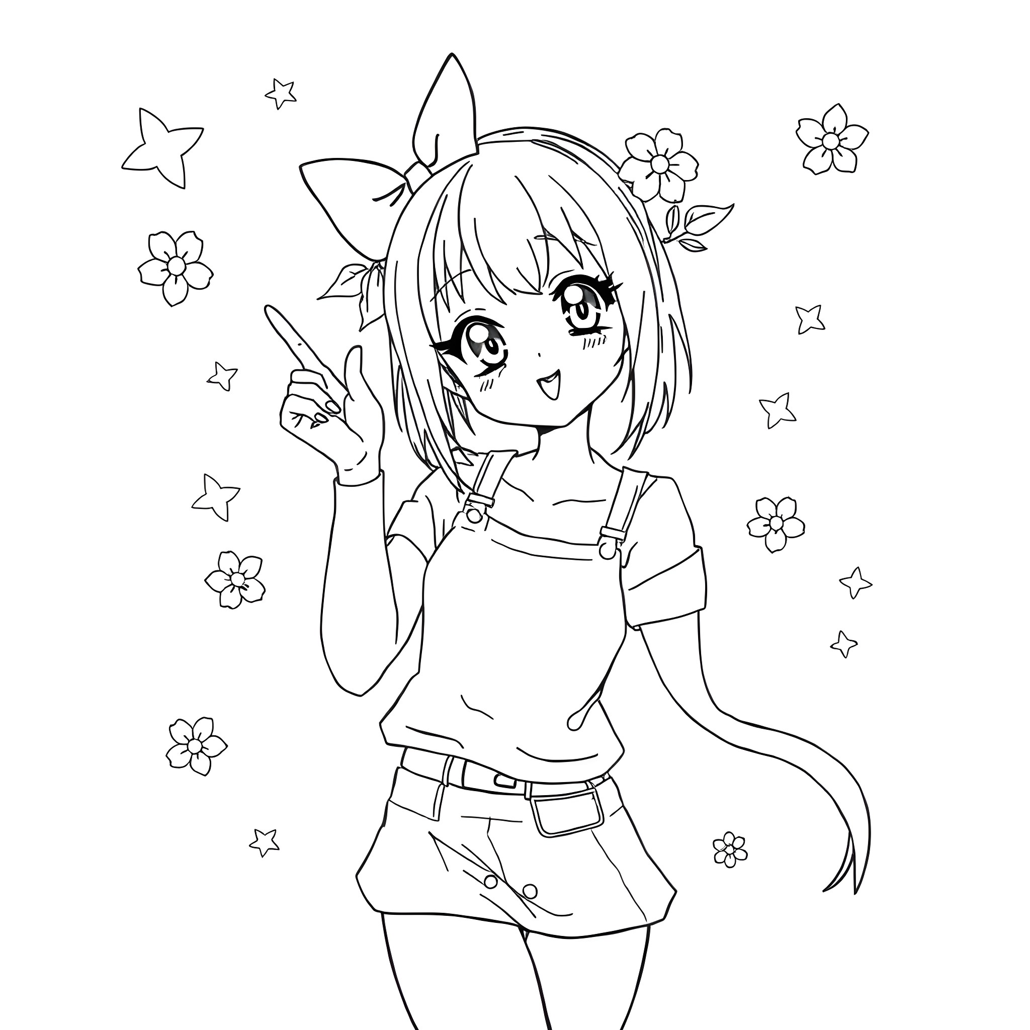 Anime Girl Making a Cute Expression with Flowers Coloring Page (free black-and-white line drawing printable PDF for all, from beginners to advanced learners, including children, teens, adults, and seniors)