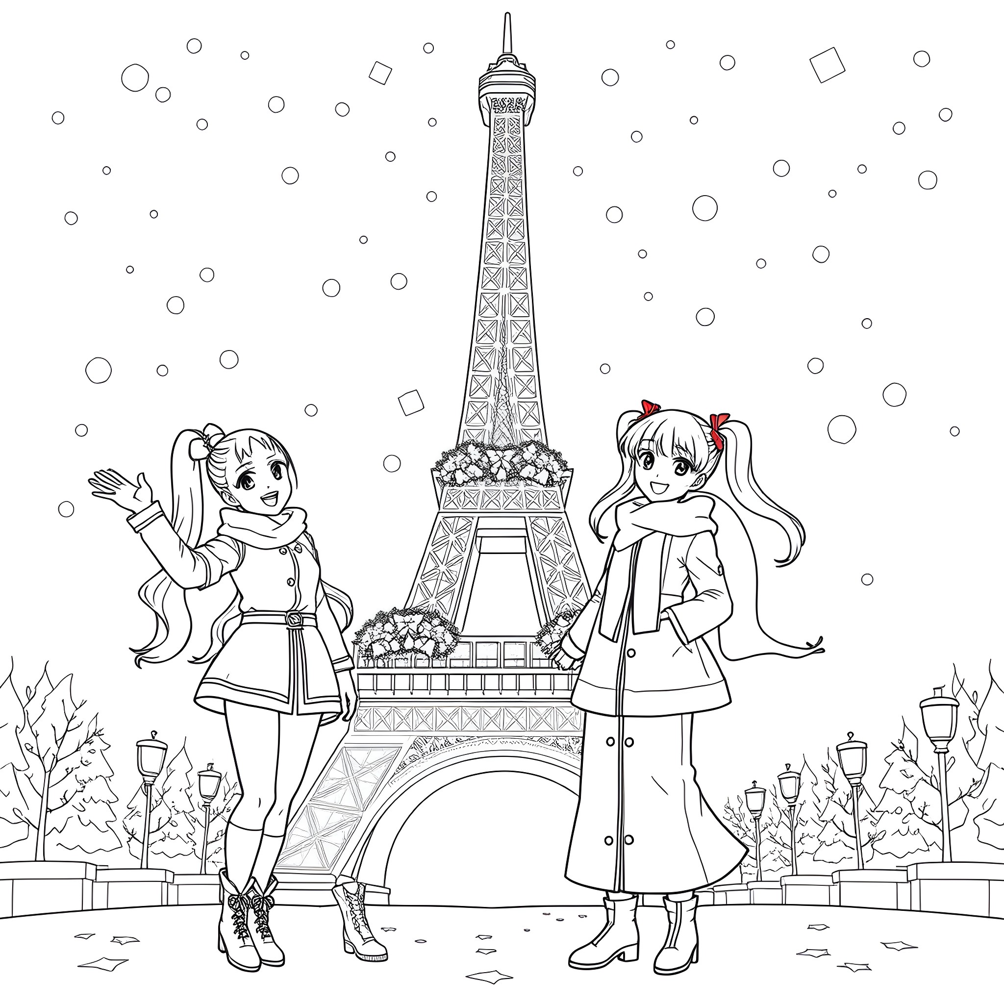 Street Fighter Characters in Parisian Attire Coloring Page (free black-and-white line drawing printable PDF for all, from beginners to advanced learners, including children, teens, adults, and seniors)