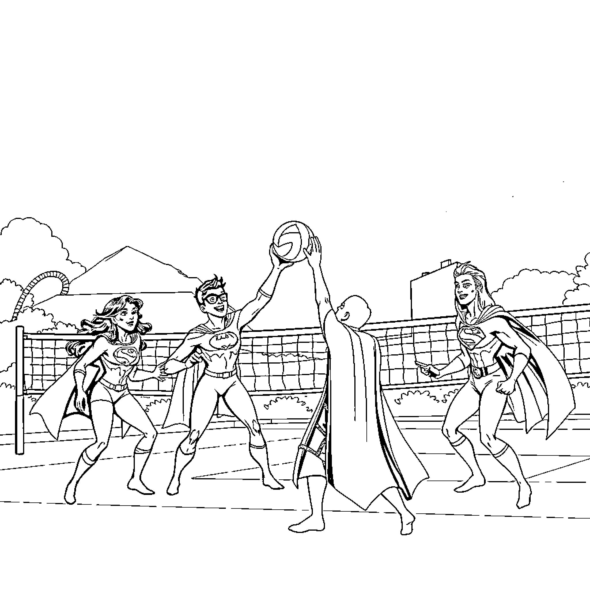Justice League engaging in superhero action and teamwork Coloring Page (free black-and-white line drawing printable PDF for all, from beginners to advanced learners, including children, teens, adults, and seniors)