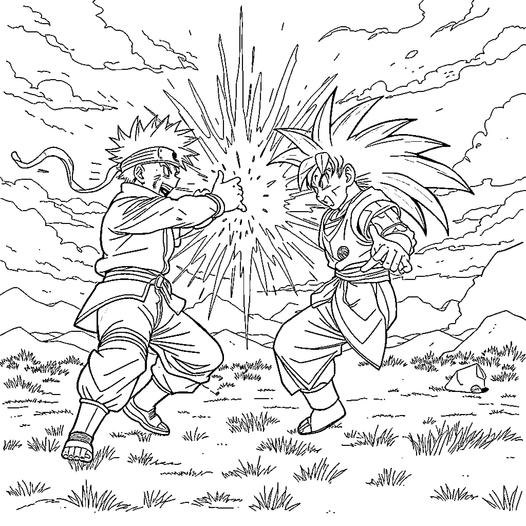 Naruto characters engaged in intense combat Coloring Page (free black-and-white line drawing printable PDF for all, from beginners to advanced learners, including children, teens, adults, and seniors)