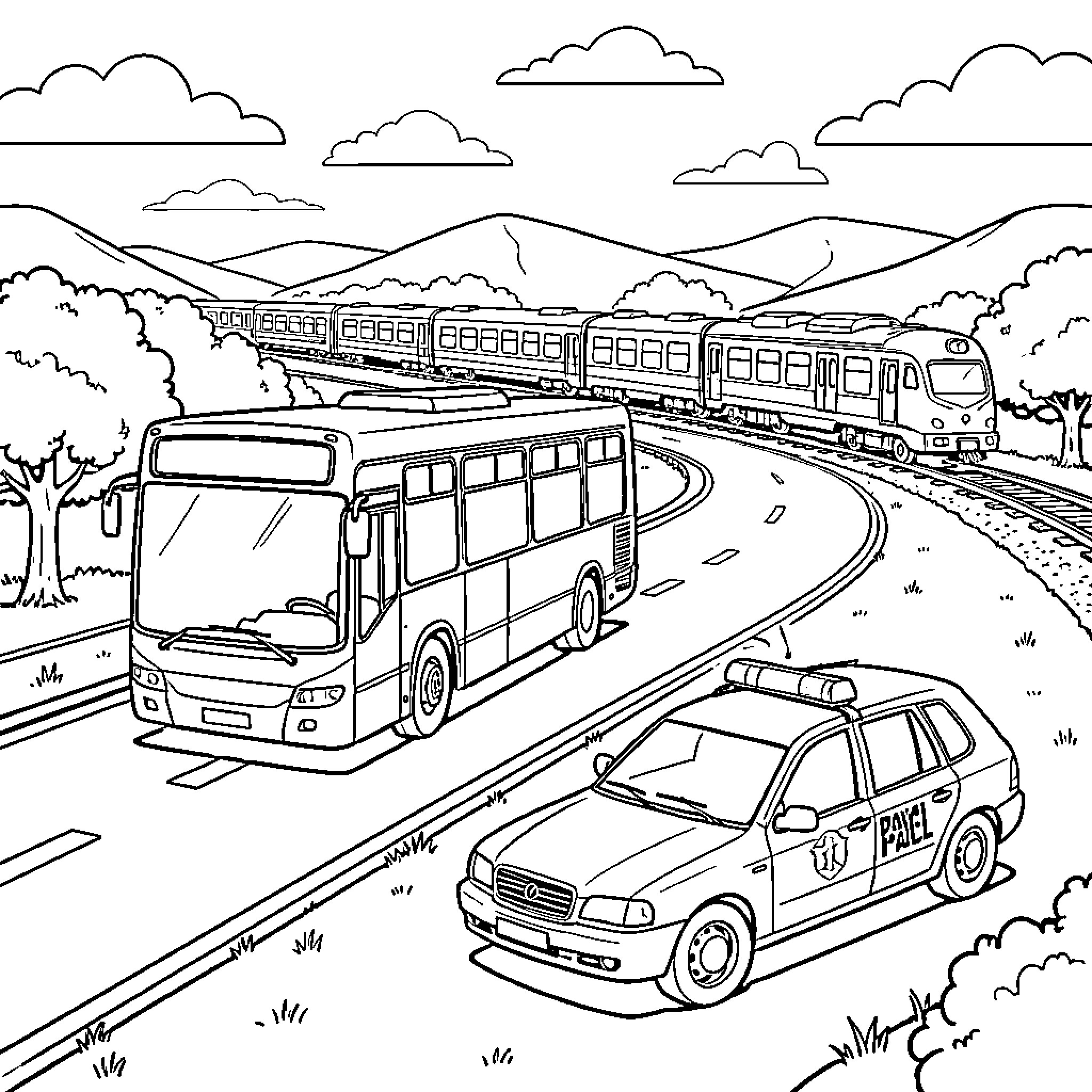 Autobus driving along a road near a train Coloring Page (free black-and-white line drawing printable PDF for all, from beginners to advanced learners, including children, teens, adults, and seniors)