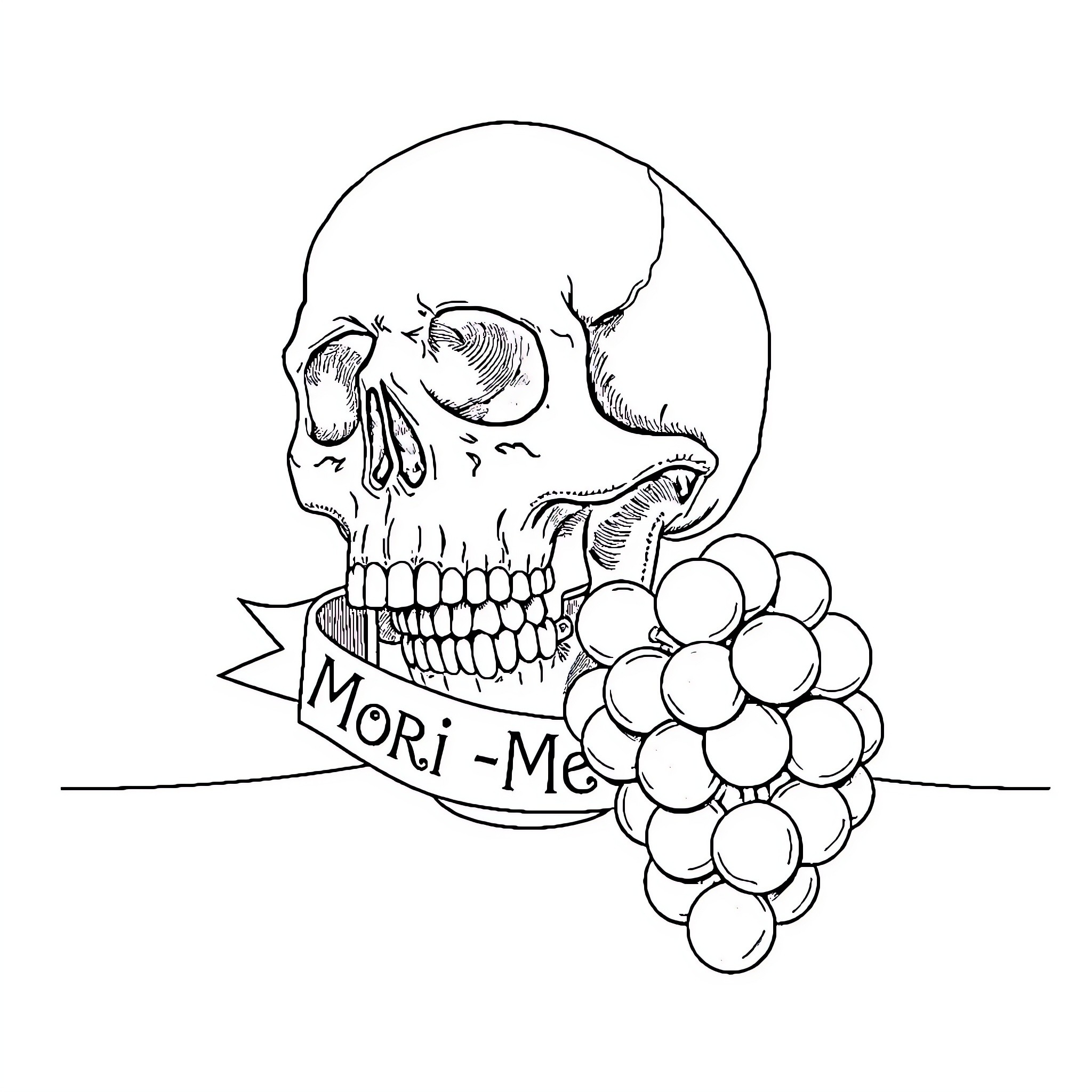 Skull with Grapes and Banner Coloring Page (free black-and-white line drawing printable PDF for all, from beginners to advanced learners, including children, teens, adults, and seniors)