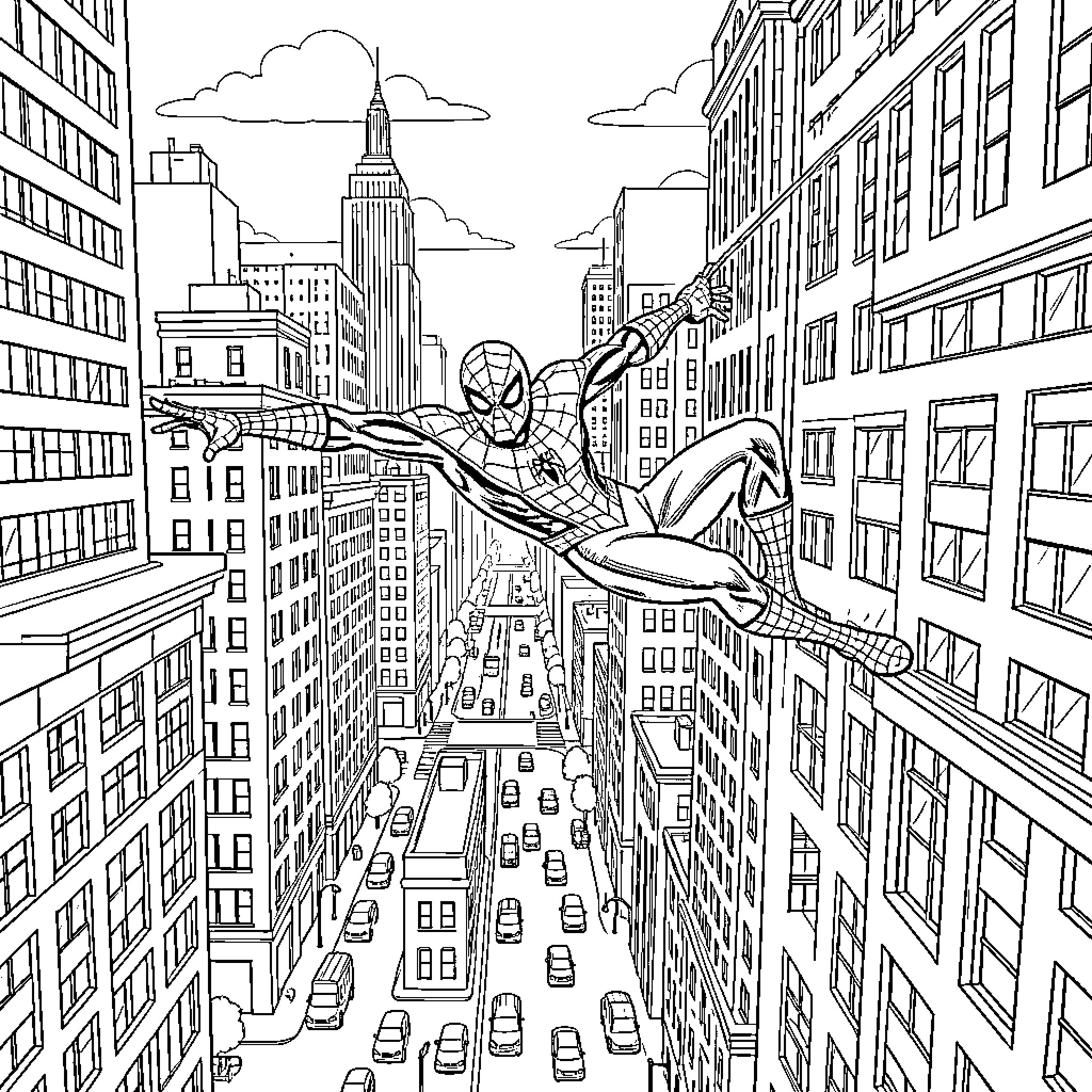 Spiderman swinging through the city skyscrapers Coloring Page (free black-and-white line drawing printable PDF for all, from beginners to advanced learners, including children, teens, adults, and seniors)