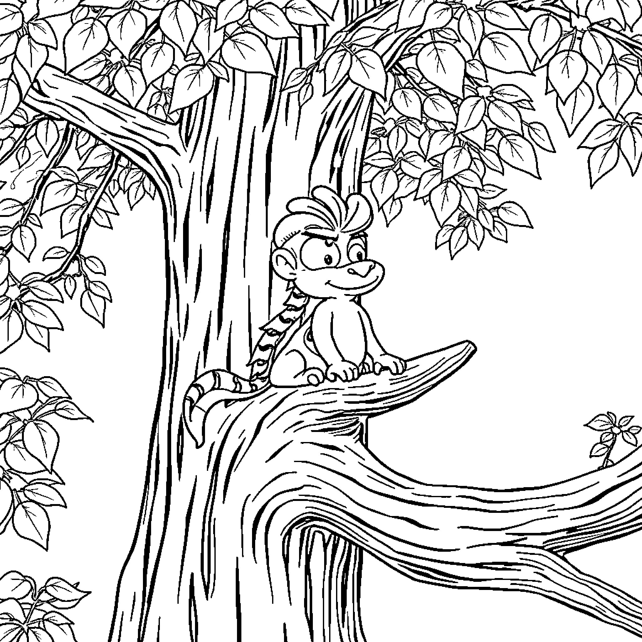 Fizzarolli enjoying the outdoors in the lush forest Coloring Page (free black-and-white line drawing printable PDF for all, from beginners to advanced learners, including children, teens, adults, and seniors)