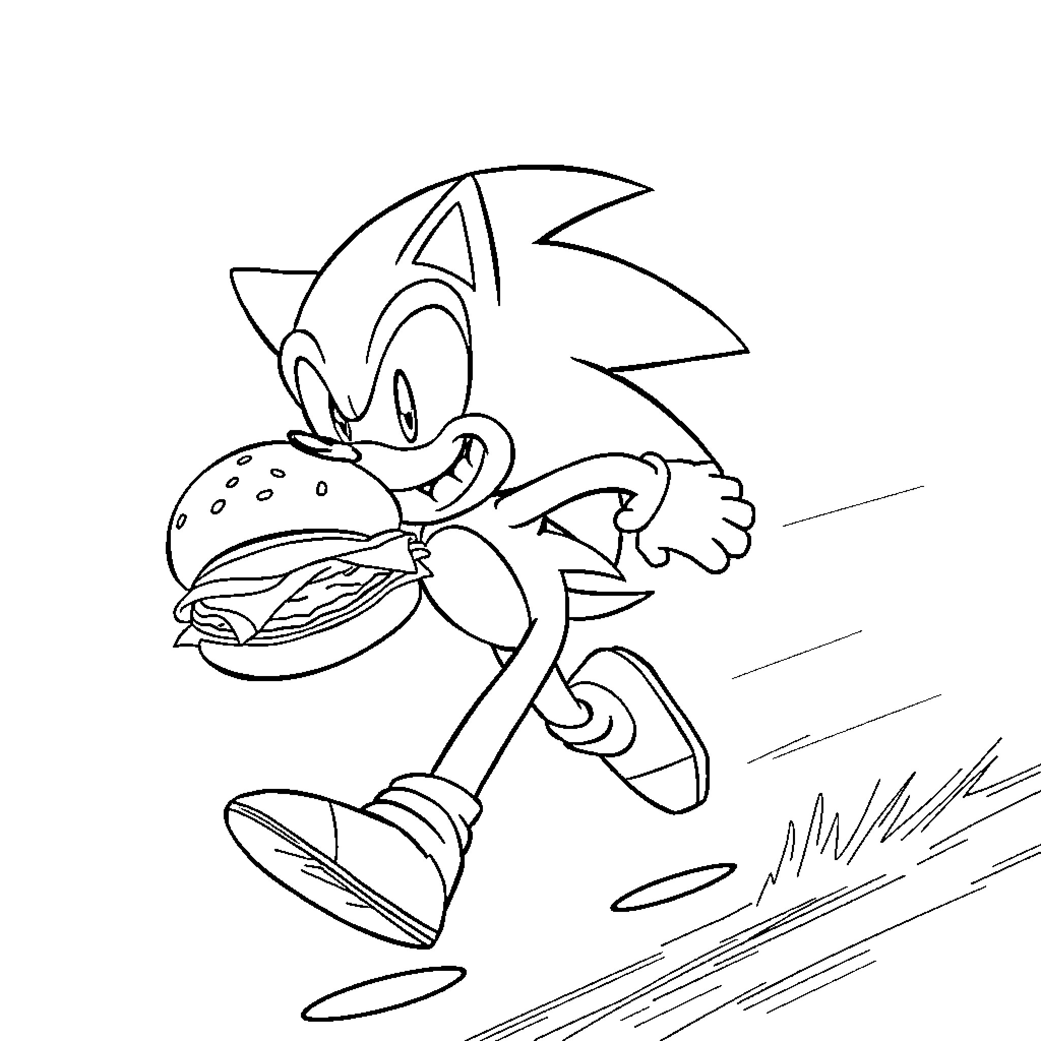 Sonic Running and Eating a Cheeseburger Coloring Page (free black-and-white line drawing printable PDF for all, from beginners to advanced learners, including children, teens, adults, and seniors)