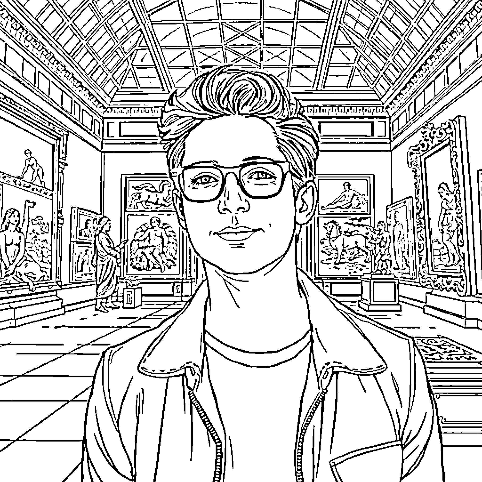 Harry Shum Jr. in an artistic museum setting Coloring Page (free black-and-white line drawing printable PDF for all, from beginners to advanced learners, including children, teens, adults, and seniors)