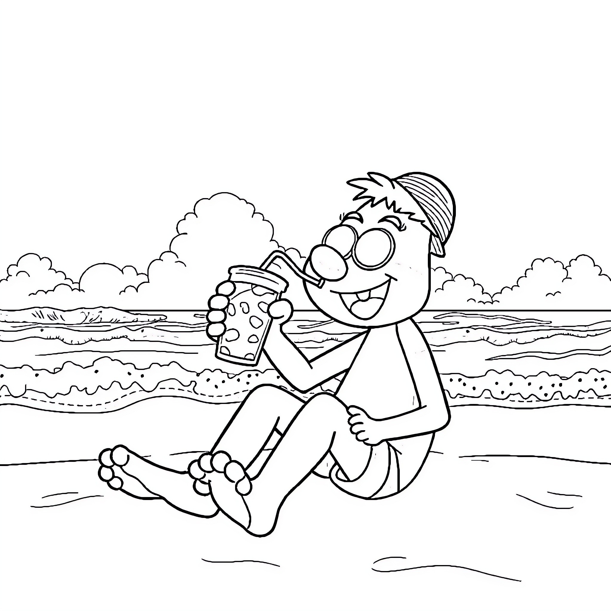 Bluey enjoying a day at the beach Coloring Page (free black-and-white line drawing printable PDF for all, from beginners to advanced learners, including children, teens, adults, and seniors)