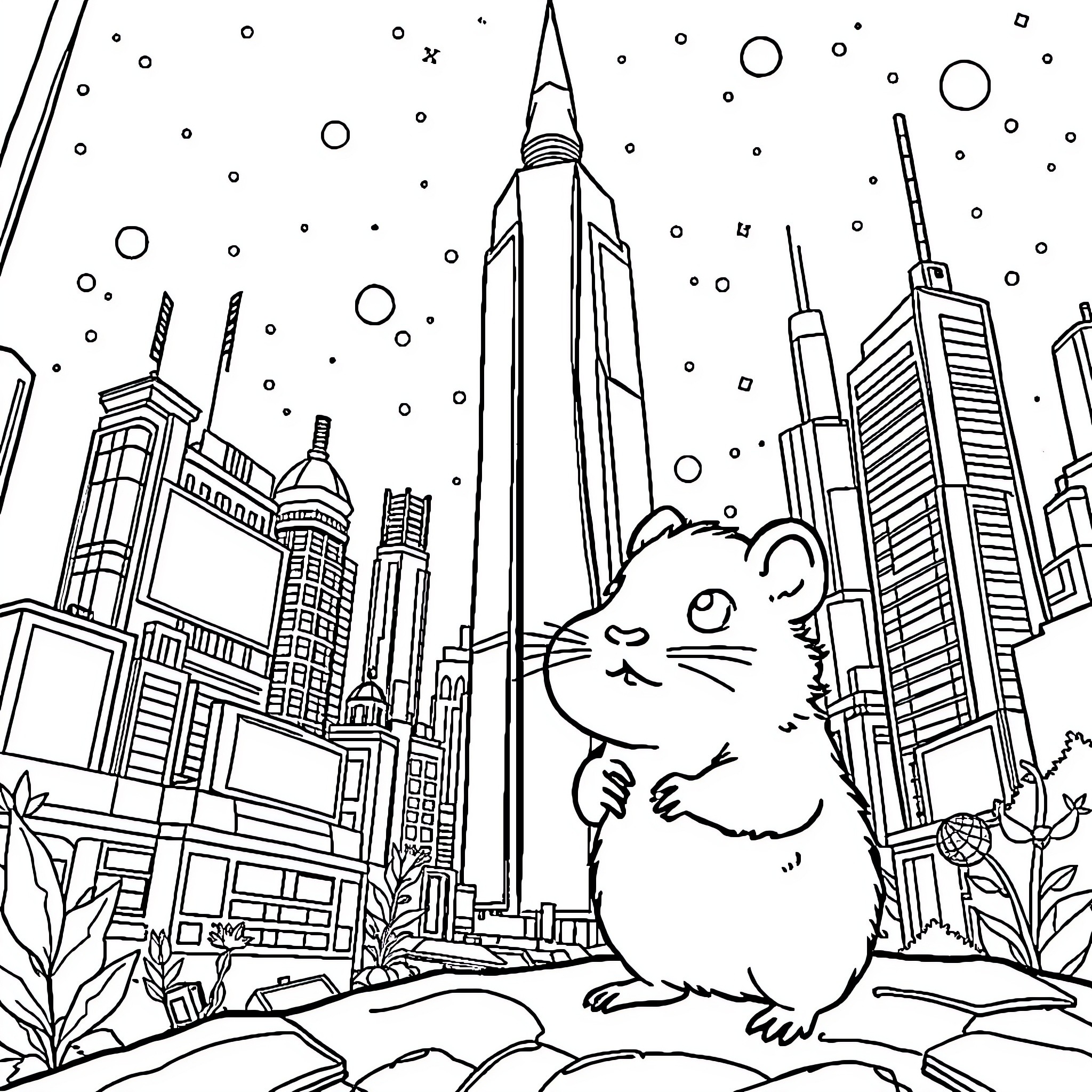 Hamster exploring a futuristic cityscape Coloring Page (free black-and-white line drawing printable PDF for all, from beginners to advanced learners, including children, teens, adults, and seniors)