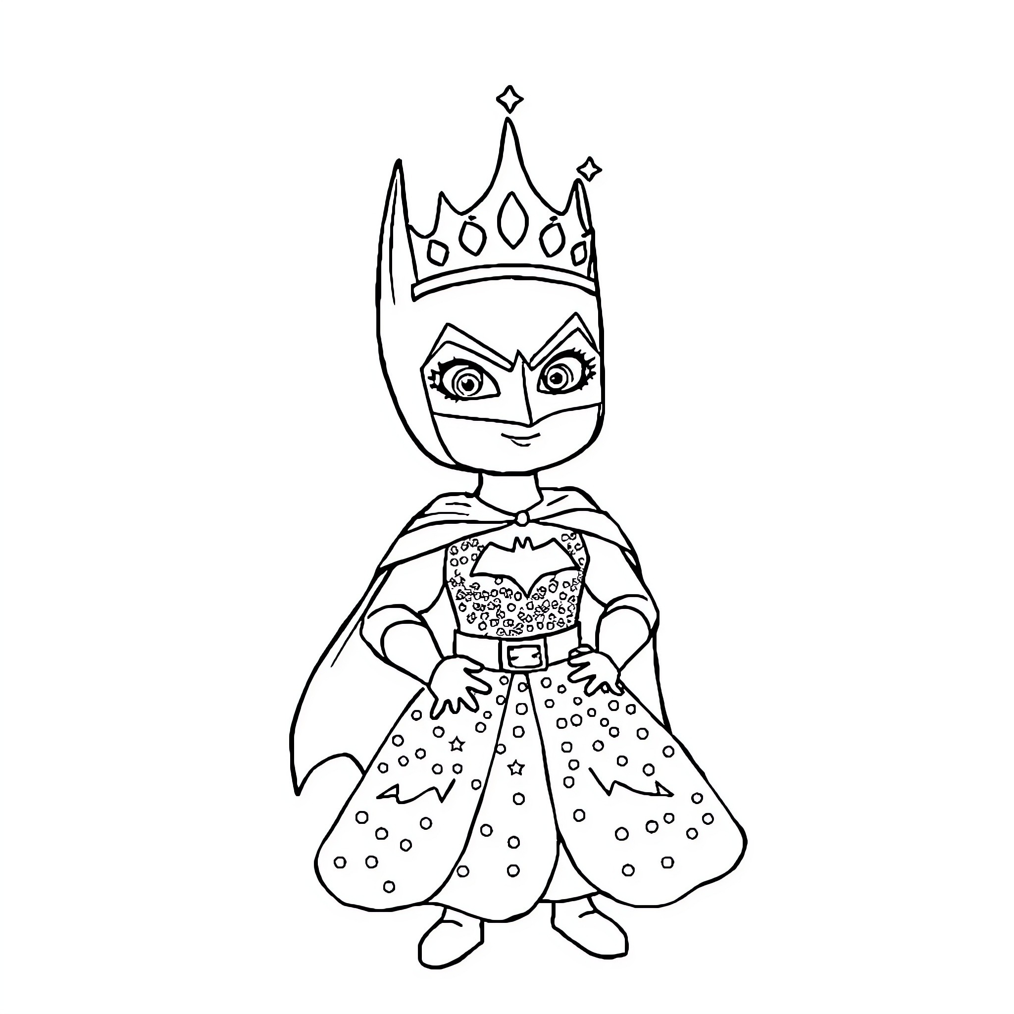 Batman in Royal Attire with Crown Coloring Page (free black-and-white line drawing printable PDF for all, from beginners to advanced learners, including children, teens, adults, and seniors)