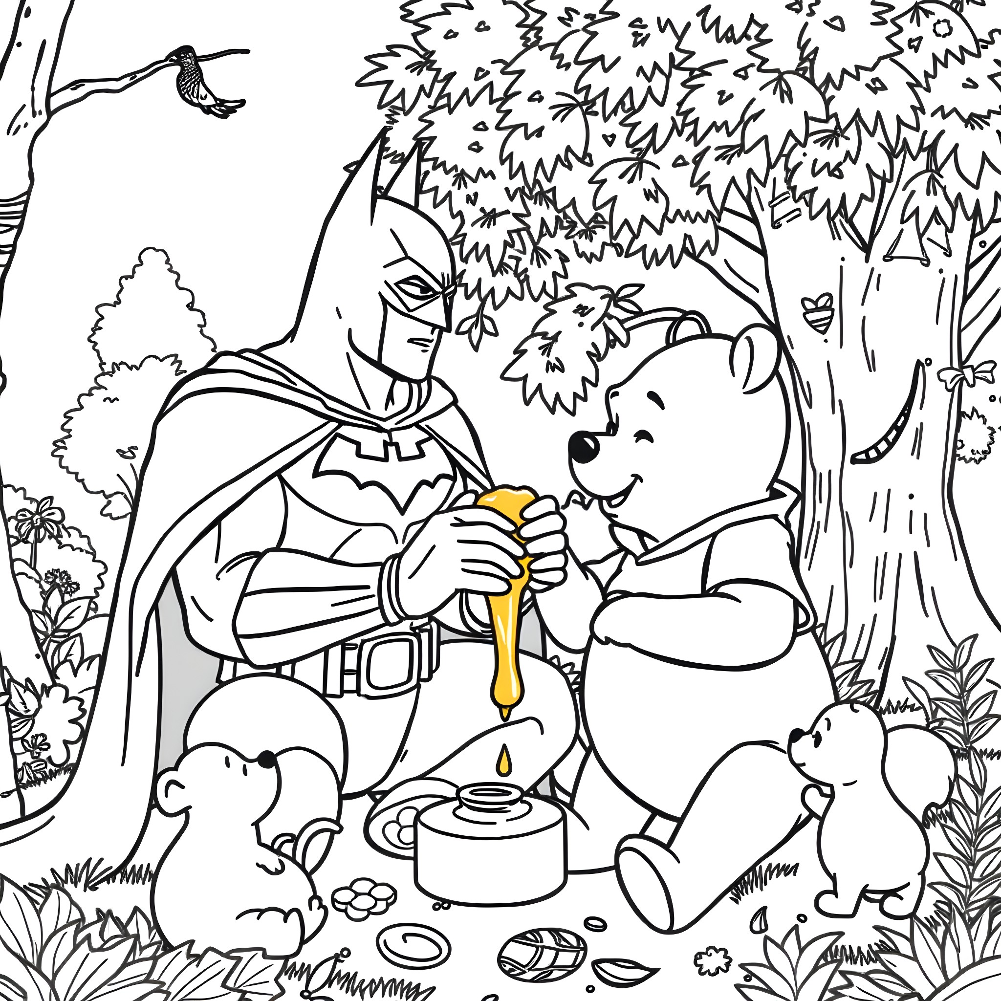 Batman and Winnie the Pooh enjoying a picnic in the forest Coloring Page (free black-and-white line drawing printable PDF for all, from beginners to advanced learners, including children, teens, adults, and seniors)