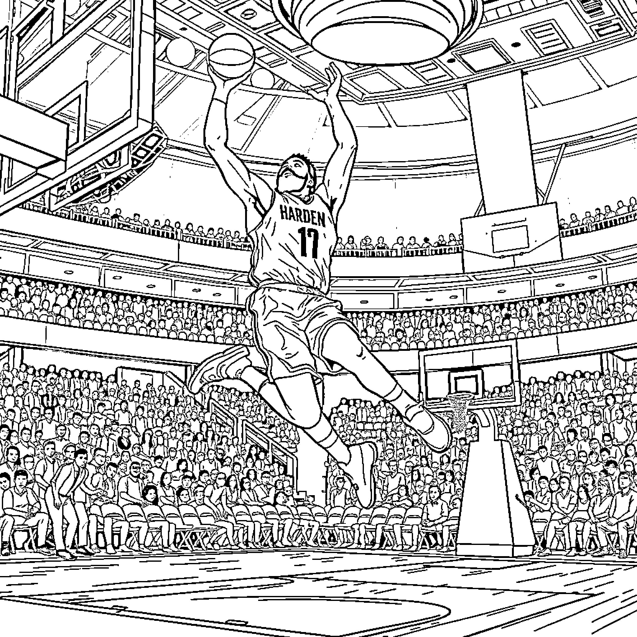 James Harden's Impressive Basketball Dunk in the Arena Coloring Page (free black-and-white line drawing printable PDF for all, from beginners to advanced learners, including children, teens, adults, and seniors)