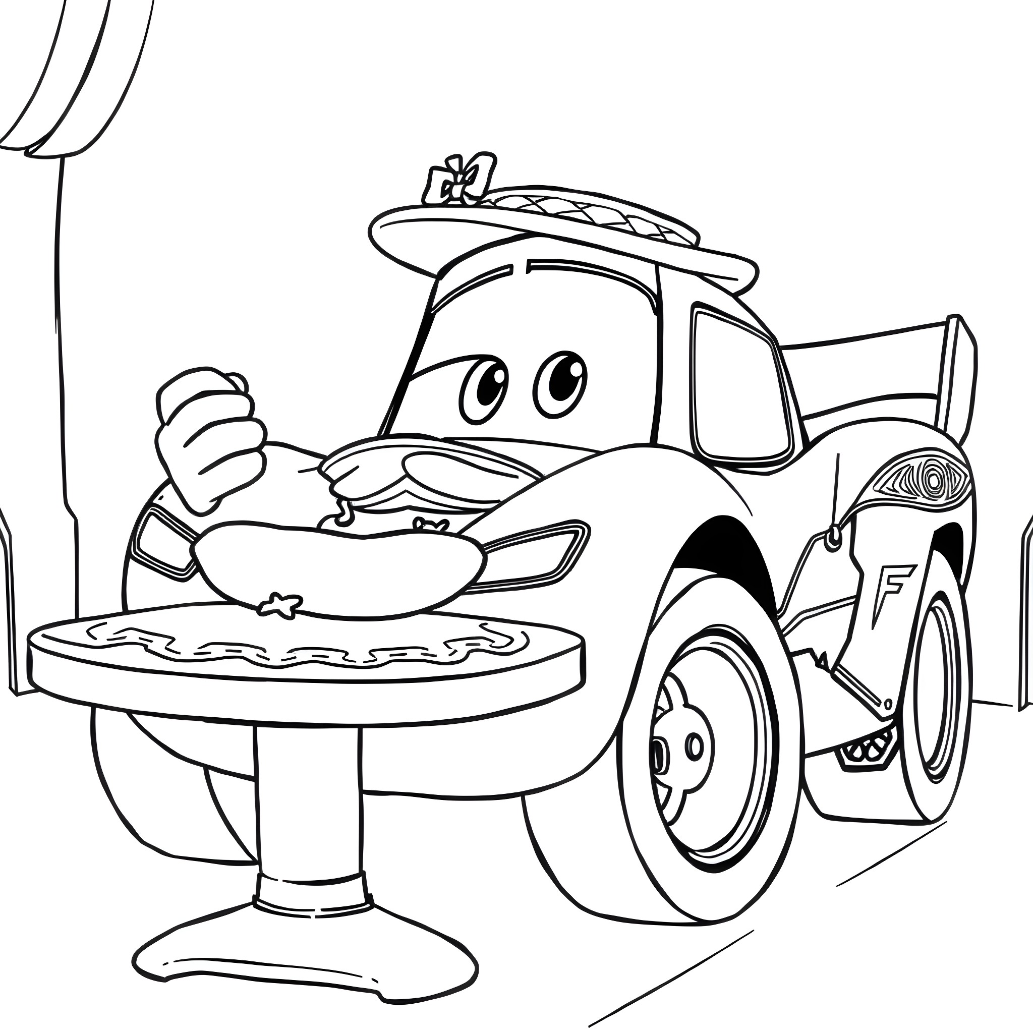 Lightning McQueen enjoying a tasty meal at a diner Coloring Page (free black-and-white line drawing printable PDF for all, from beginners to advanced learners, including children, teens, adults, and seniors)