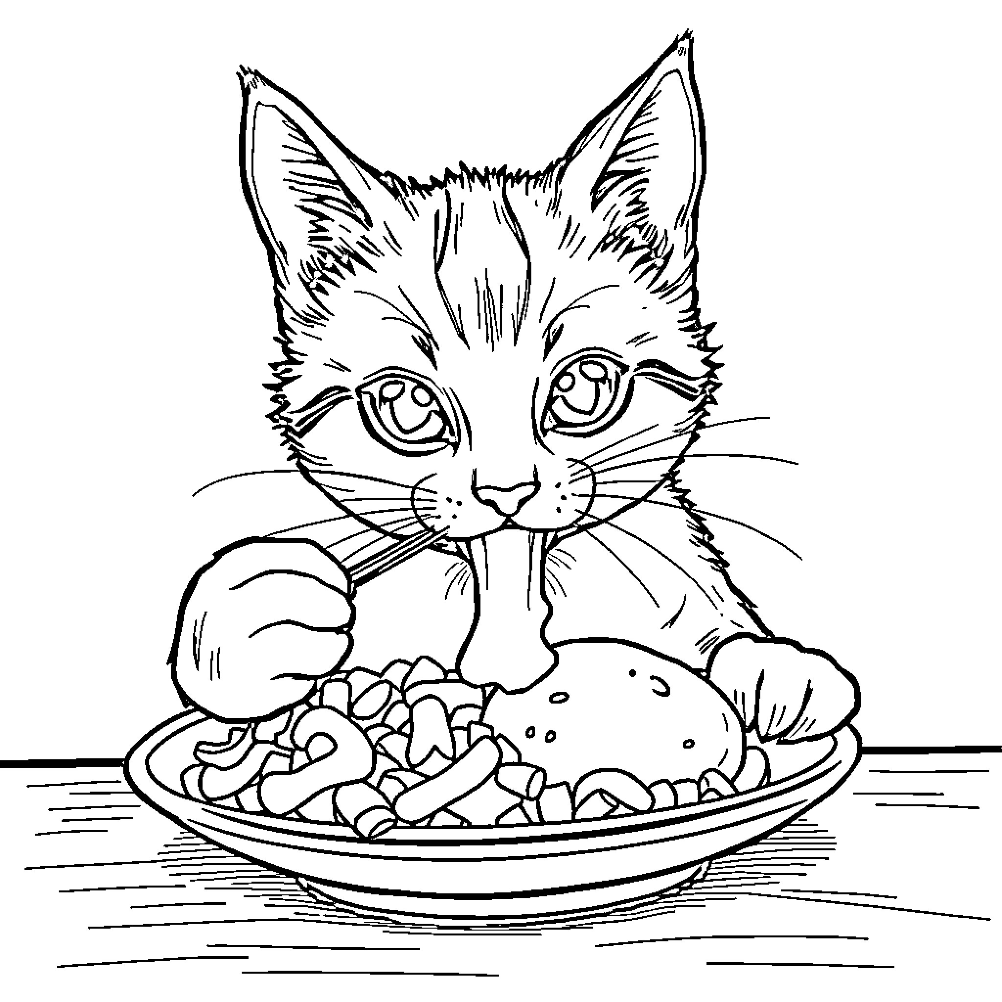 Cat enjoying a meal on a plate Coloring Page (free black-and-white line drawing printable PDF for all, from beginners to advanced learners, including children, teens, adults, and seniors)