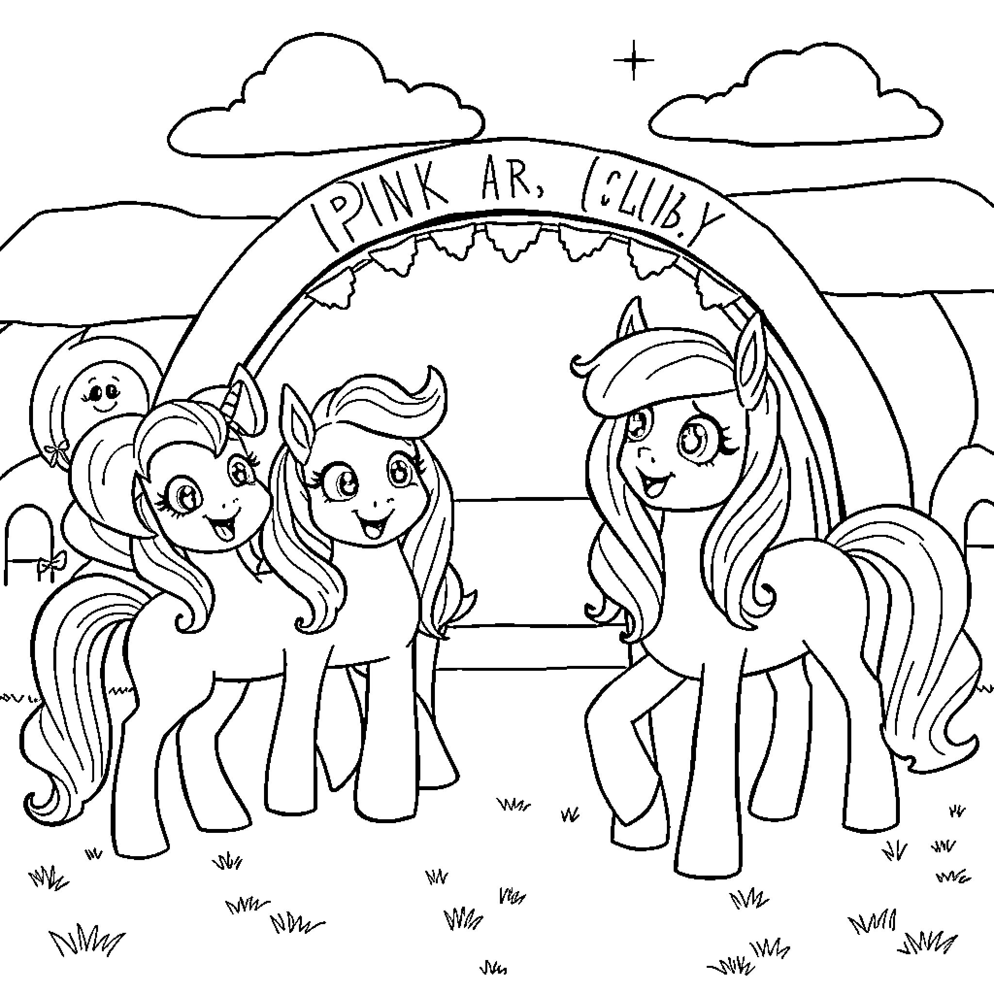 Pony friends enjoying a day at the carnival Coloring Page (free black-and-white line drawing printable PDF for all, from beginners to advanced learners, including children, teens, adults, and seniors)