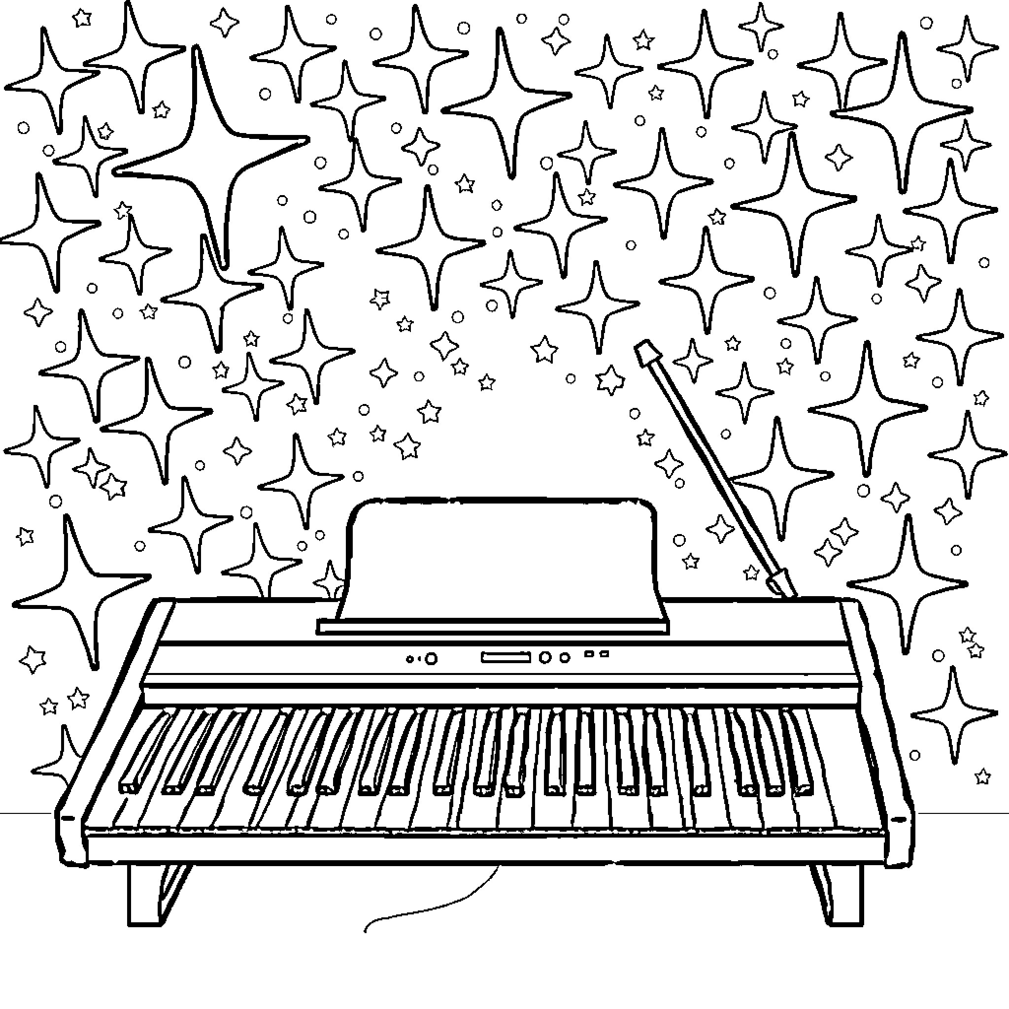 Keyboard surrounded by magical sparkling stars Coloring Page (free black-and-white line drawing printable PDF for all, from beginners to advanced learners, including children, teens, adults, and seniors)