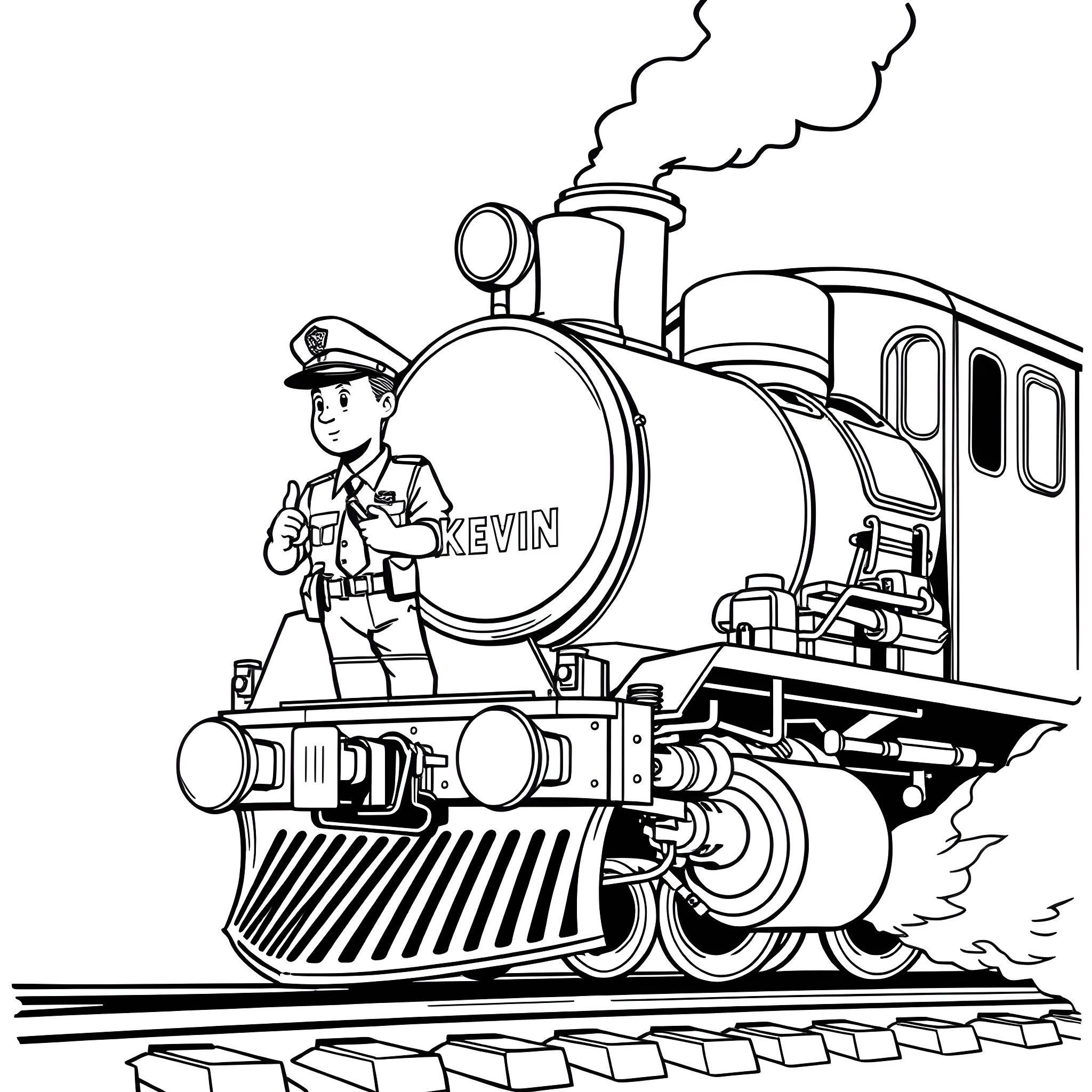 Police Officer Driving Steam Locomotive on Railway Coloring Page (free black-and-white line drawing printable PDF for all, from beginners to advanced learners, including children, teens, adults, and seniors)