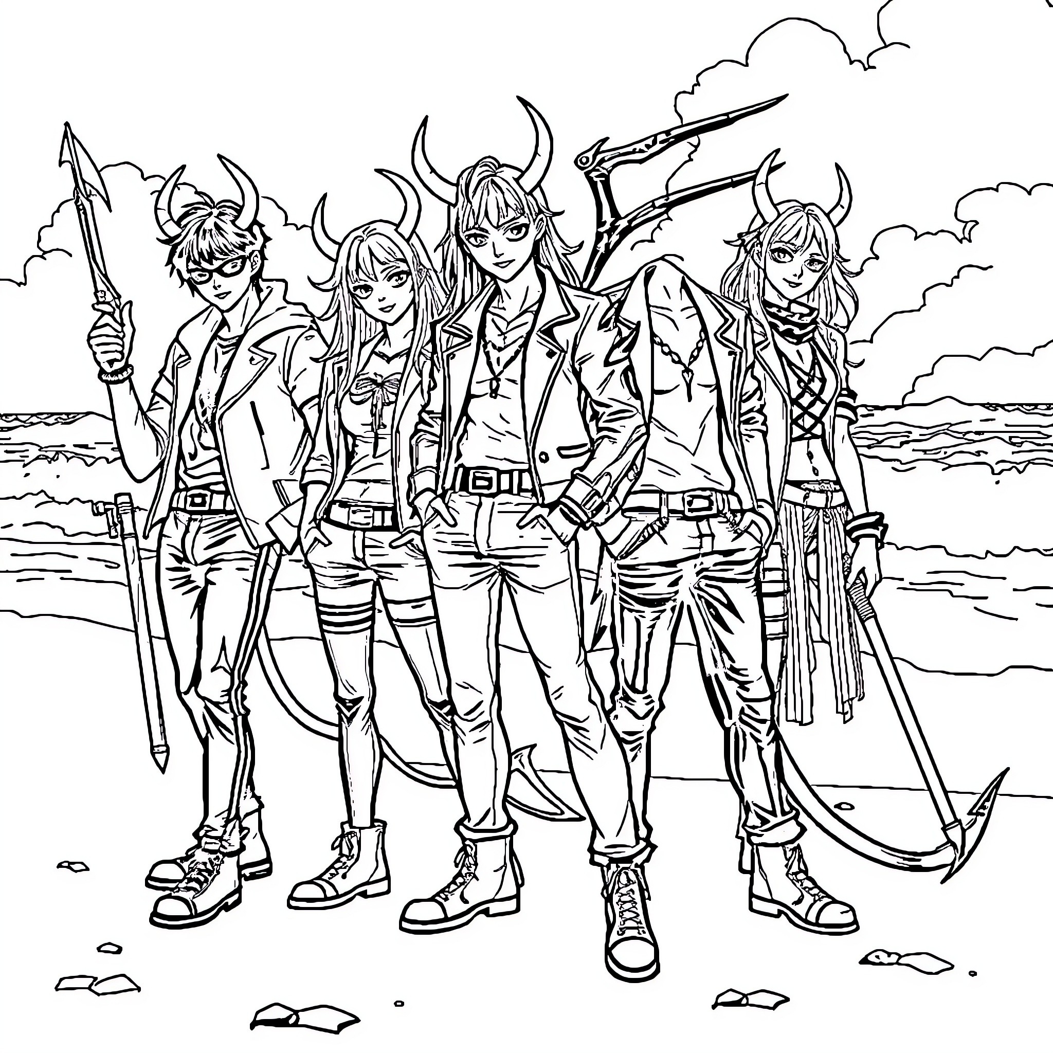 Demon Hunters in an Intense Pose Coloring Page (free black-and-white line drawing printable PDF for all, from beginners to advanced learners, including children, teens, adults, and seniors)