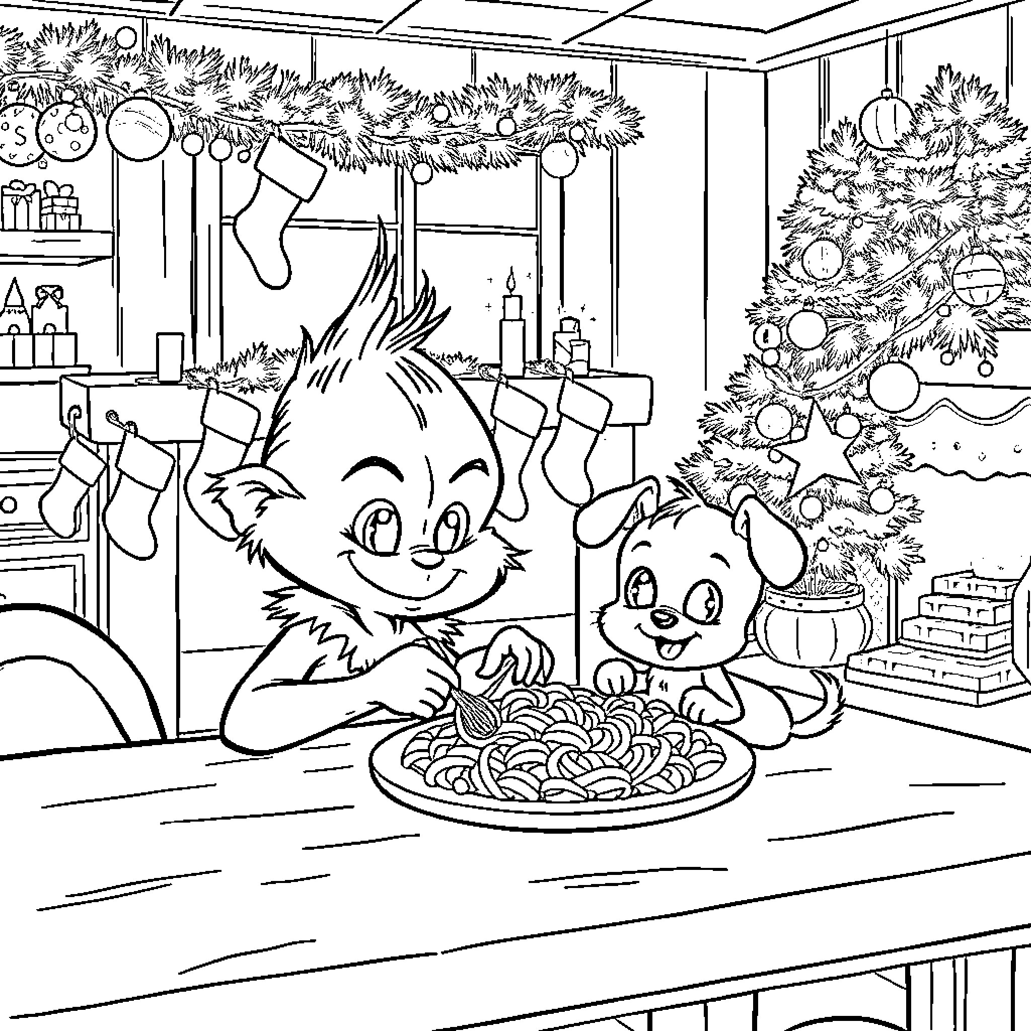 Grinch and Puppy Enjoying Christmas Treats Coloring Page (free black-and-white line drawing printable PDF for all, from beginners to advanced learners, including children, teens, adults, and seniors)