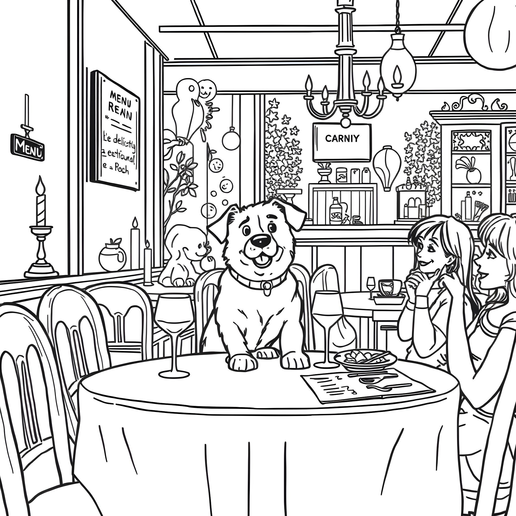 Dog Enjoying Dinner with Friends in Cozy Cafe Coloring Page (free black-and-white line drawing printable PDF for all, from beginners to advanced learners, including children, teens, adults, and seniors)