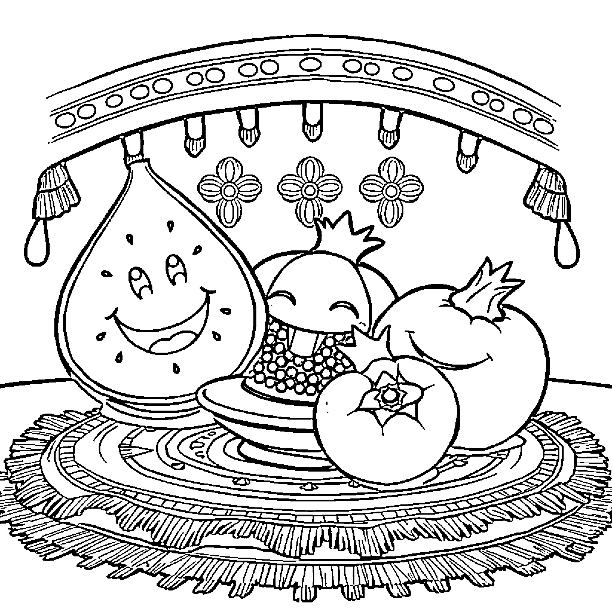 Fruit Basket with Decorative Patterns Coloring Page (free black-and-white line drawing printable PDF for all, from beginners to advanced learners, including children, teens, adults, and seniors)