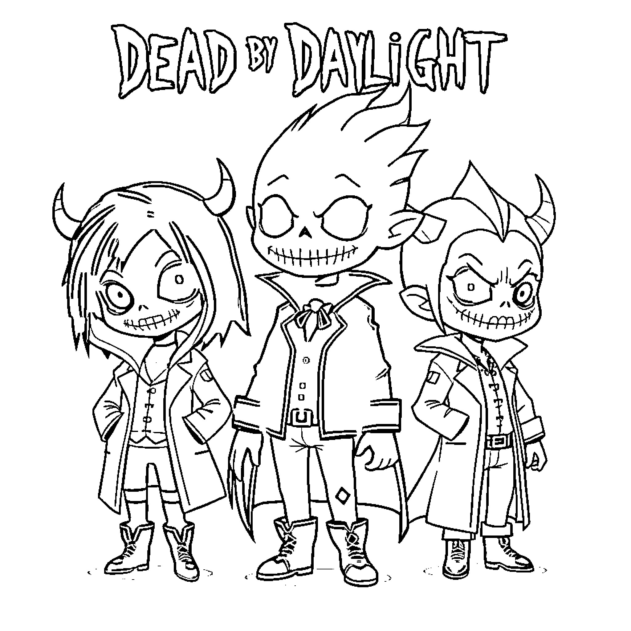 Villain trio in whimsical attire Coloring Page (free black-and-white line drawing printable PDF for all, from beginners to advanced learners, including children, teens, adults, and seniors)