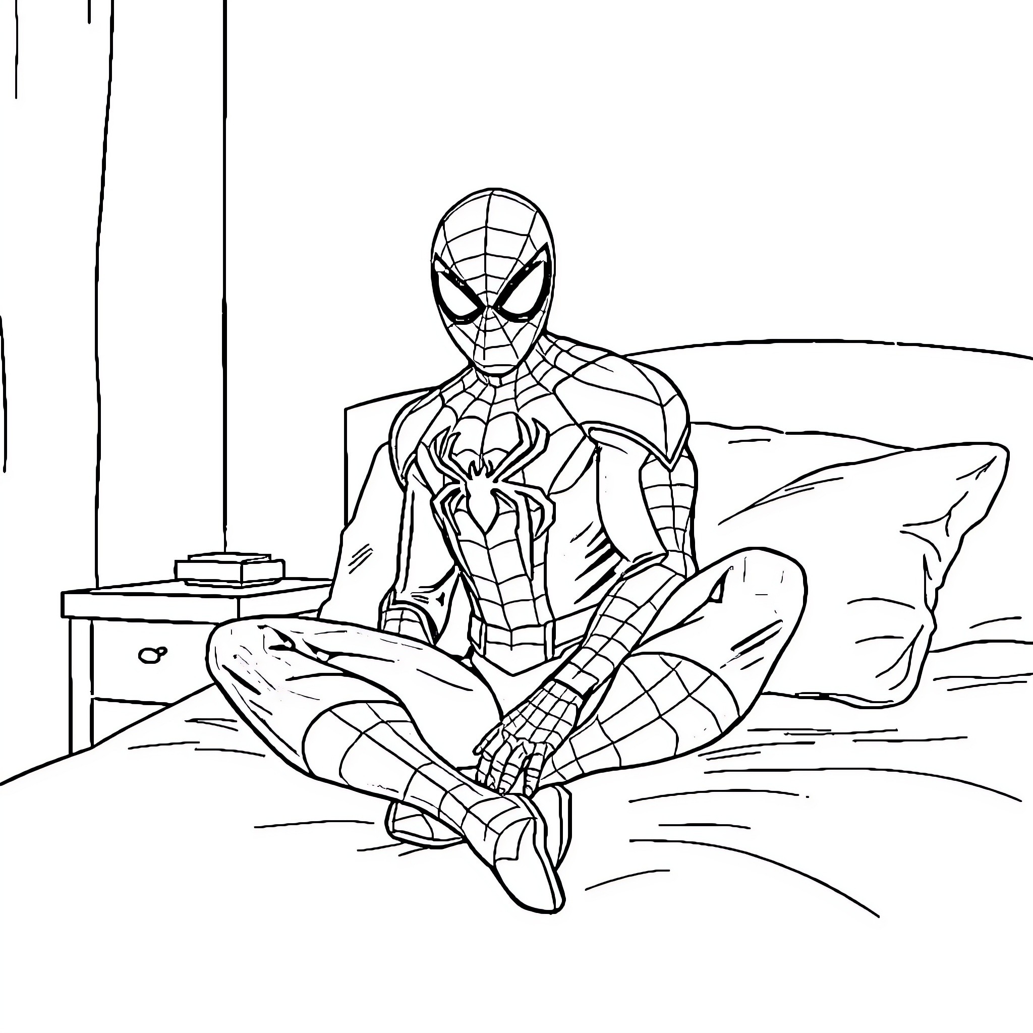 Spiderman resting on his bed Coloring Page (free black-and-white line drawing printable PDF for all, from beginners to advanced learners, including children, teens, adults, and seniors)