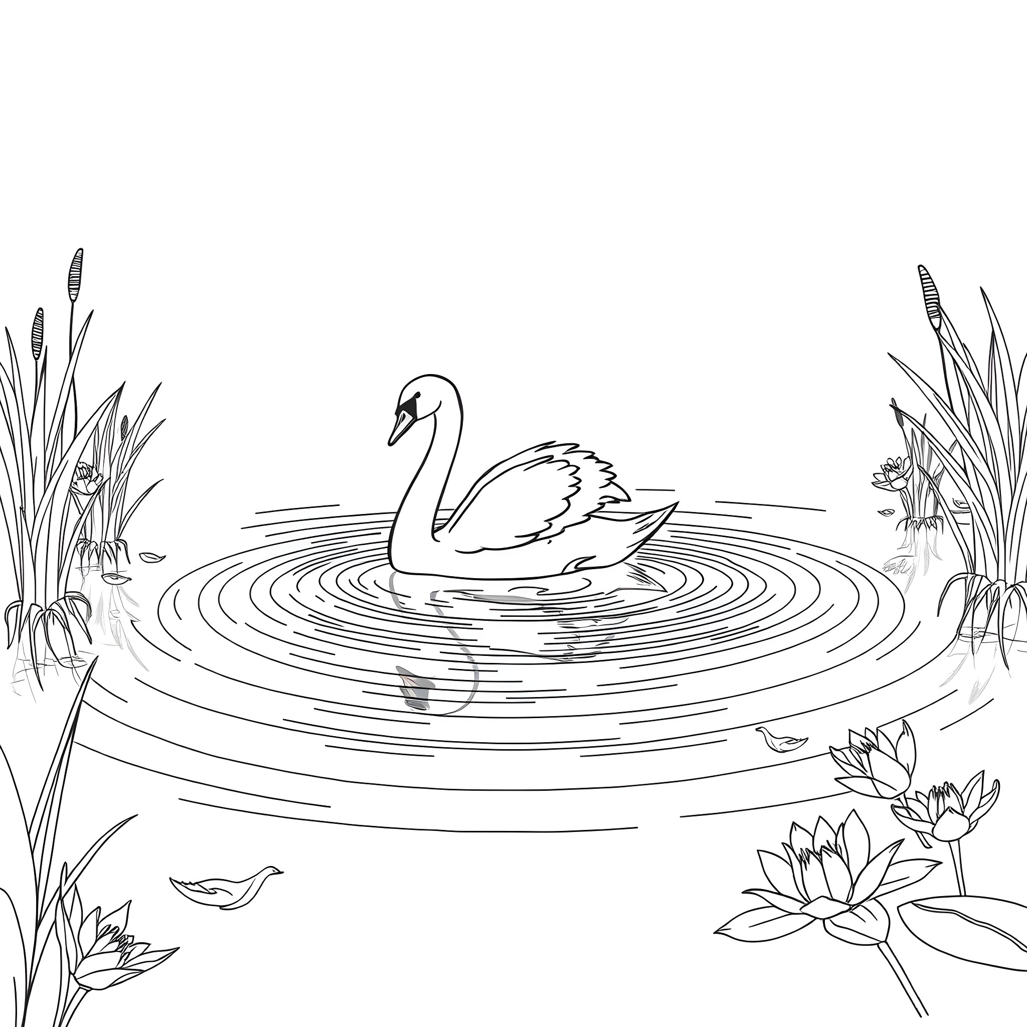 Swan Gracefully Swimming in Pond with Lily Pads Coloring Page (free black-and-white line drawing printable PDF for all, from beginners to advanced learners, including children, teens, adults, and seniors)
