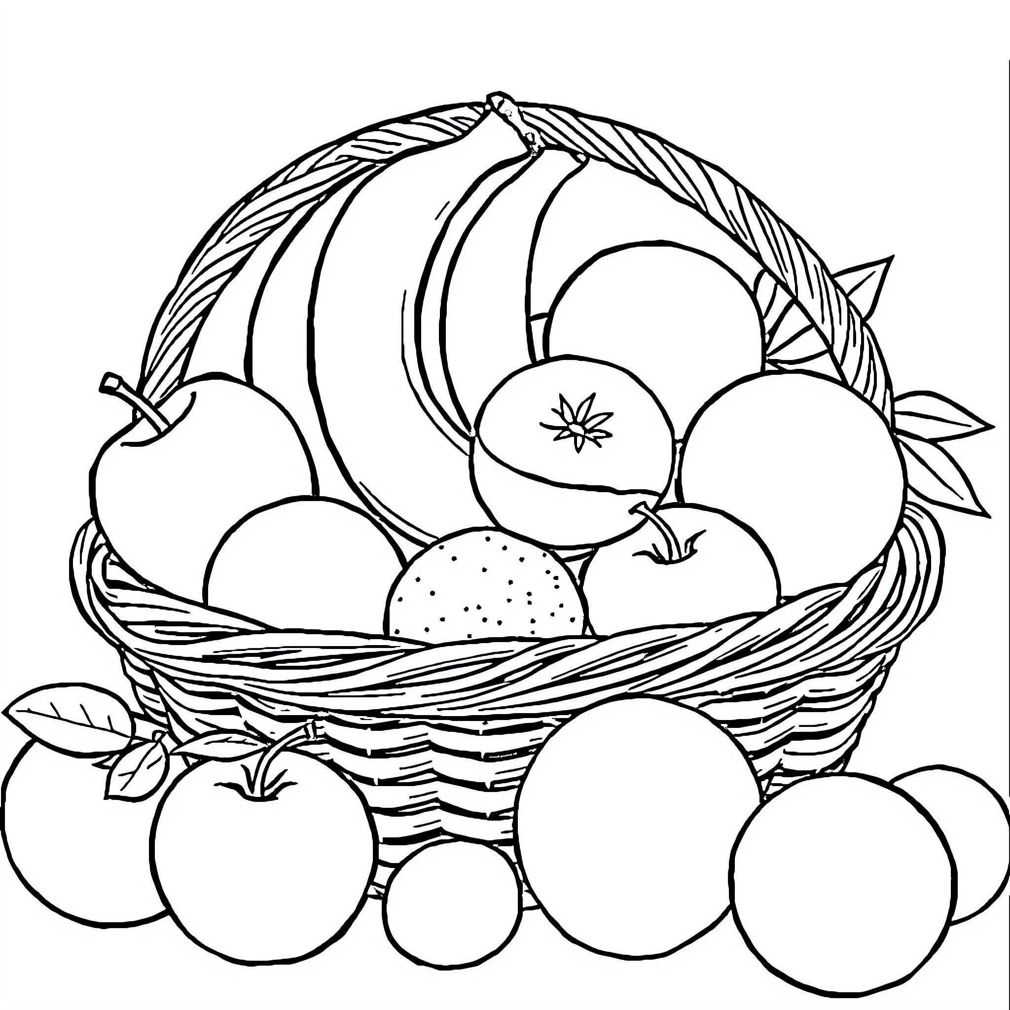 Fruit Basket with Assorted Produce Coloring Page (free black-and-white line drawing printable PDF for all, from beginners to advanced learners, including children, teens, adults, and seniors)