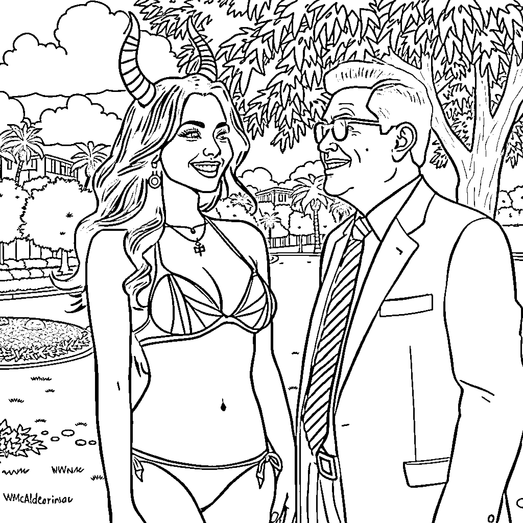Rumy's Romantic Stroll in the Park Coloring Page (free black-and-white line drawing printable PDF for all, from beginners to advanced learners, including children, teens, adults, and seniors)