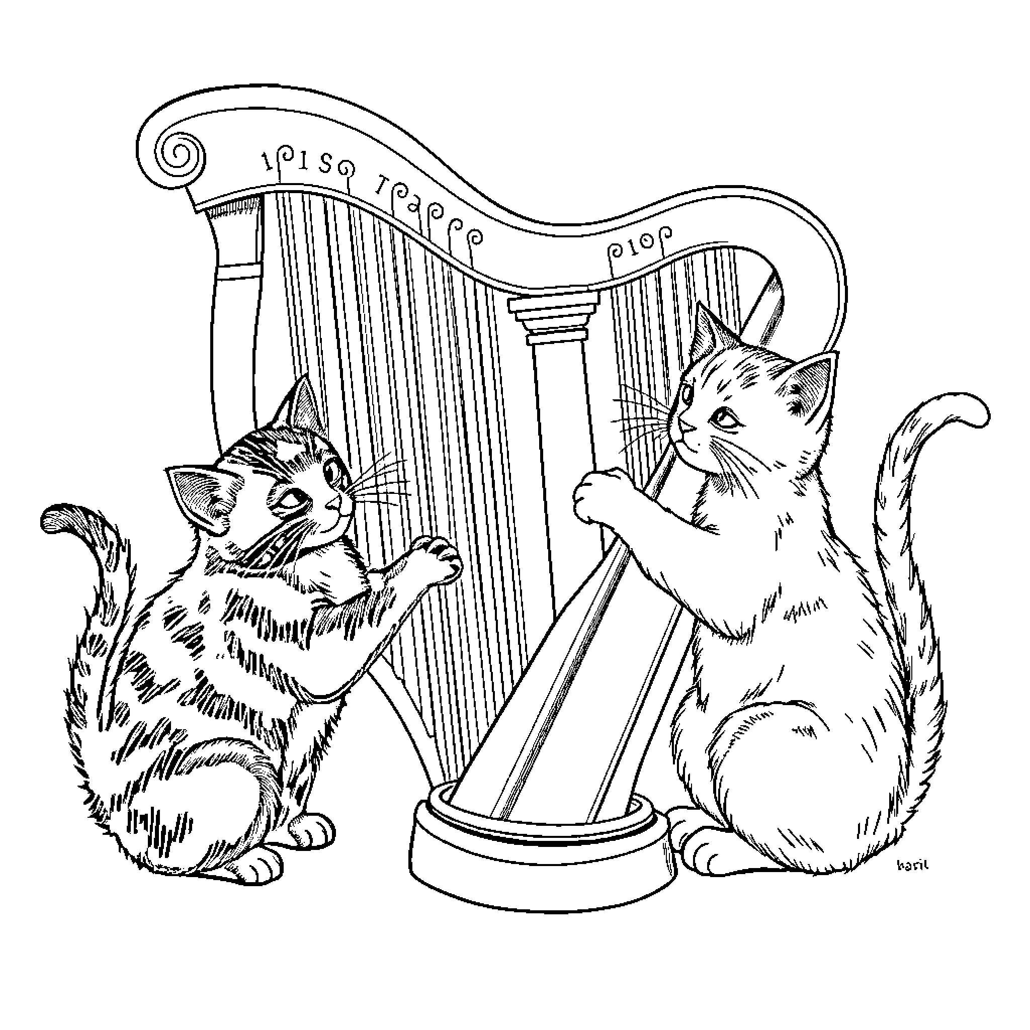 Cats playing with musical instrument Coloring Page (free black-and-white line drawing printable PDF for all, from beginners to advanced learners, including children, teens, adults, and seniors)