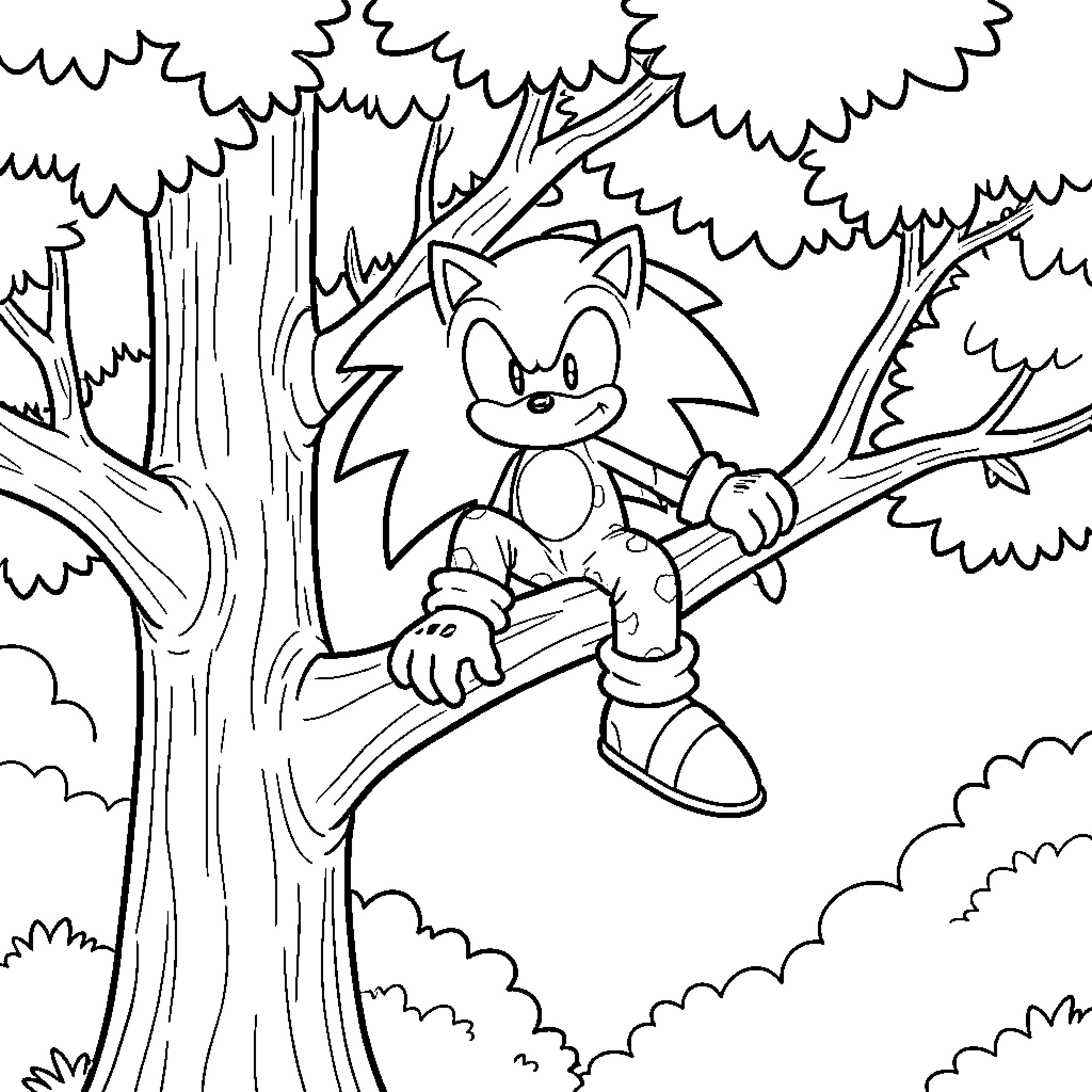 Sonic sitting relaxedly on a tree branch Coloring Page (free black-and-white line drawing printable PDF for all, from beginners to advanced learners, including children, teens, adults, and seniors)