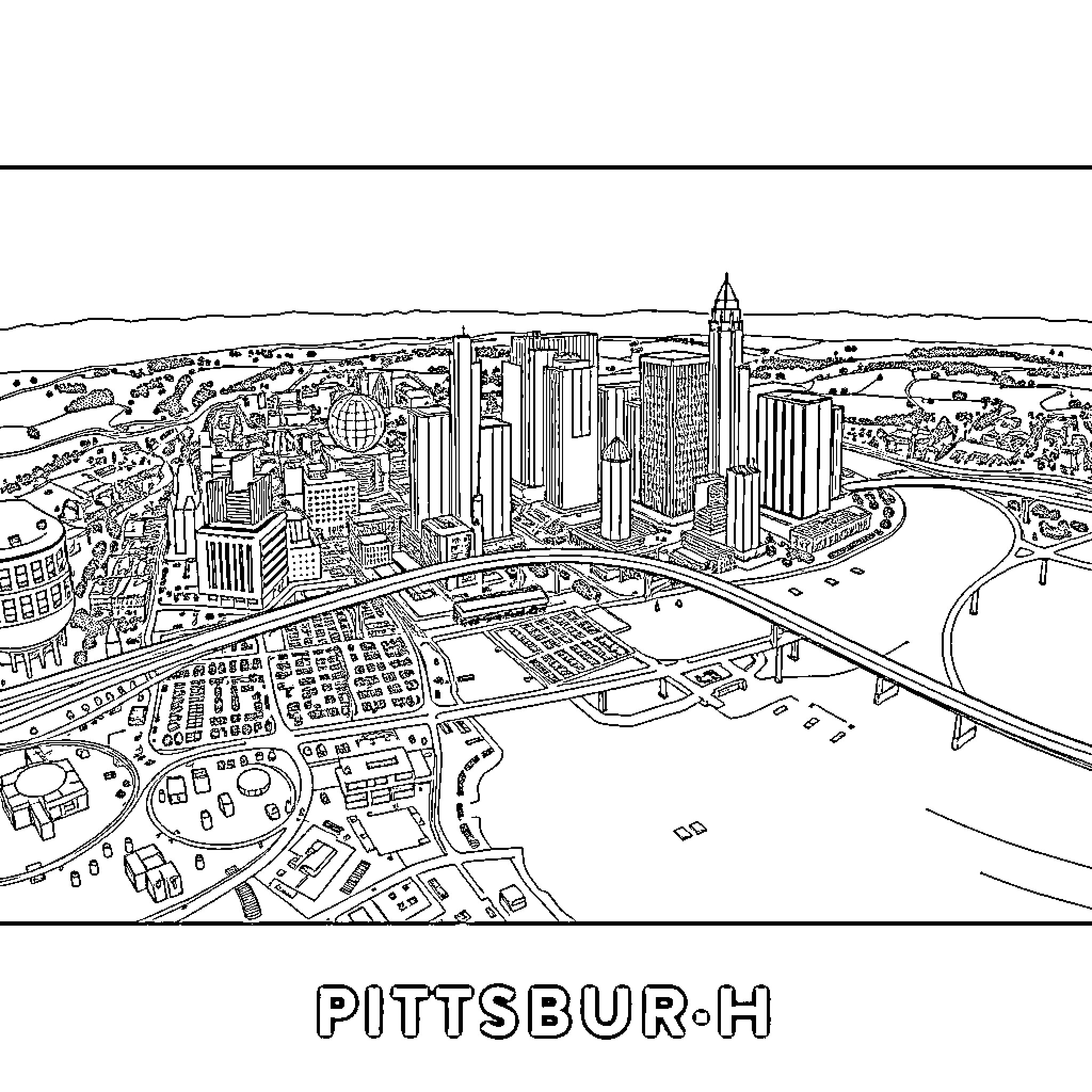Map of a bustling urban cityscape Coloring Page (free black-and-white line drawing printable PDF for all, from beginners to advanced learners, including children, teens, adults, and seniors)