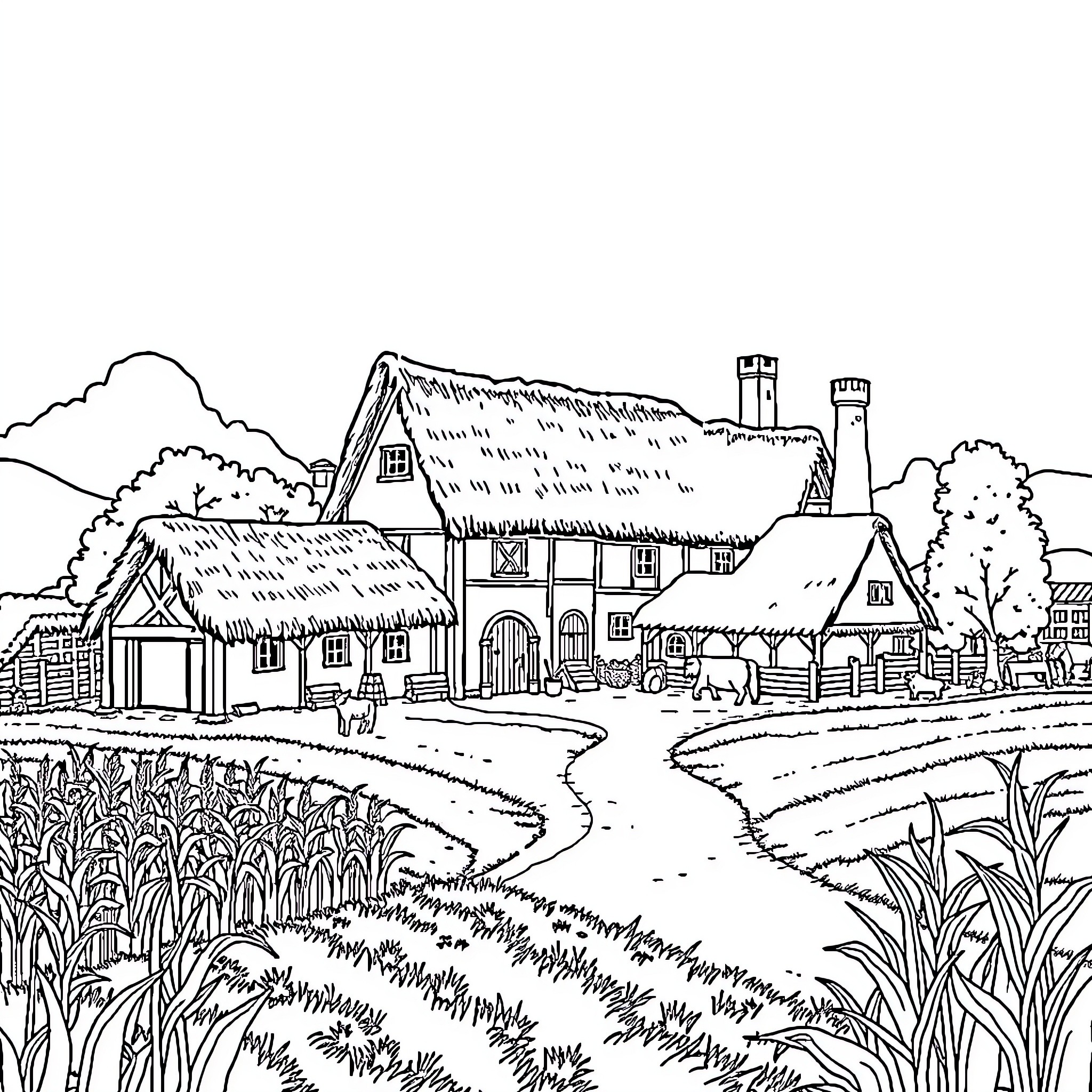 Farm Landscape with Quaint Cottages and Animals Coloring Page (free black-and-white line drawing printable PDF for all, from beginners to advanced learners, including children, teens, adults, and seniors)
