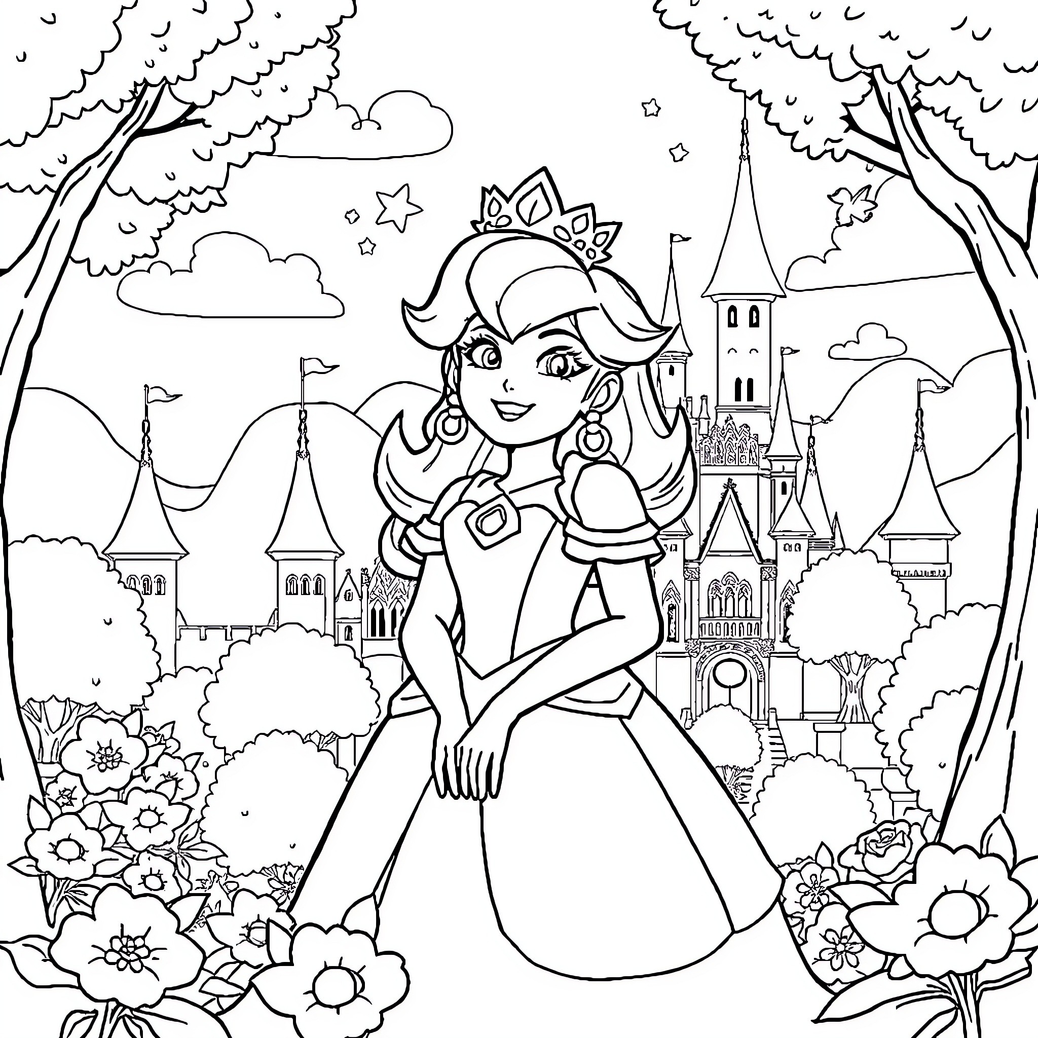 Princess Peach exploring the enchanting castle and gardens Coloring Page (free black-and-white line drawing printable PDF for all, from beginners to advanced learners, including children, teens, adults, and seniors)