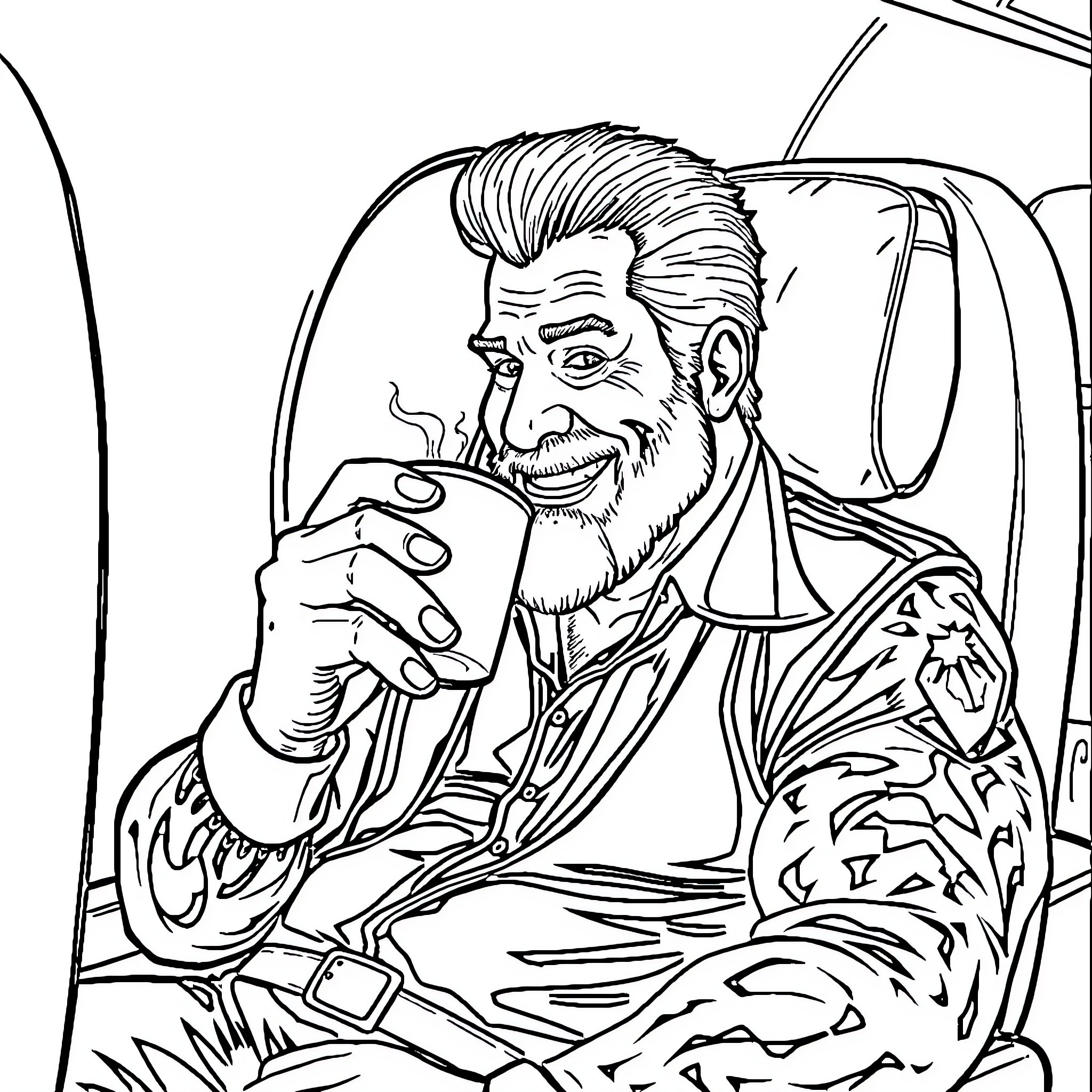 Rick Flair enjoying a beverage in a car Coloring Page (free black-and-white line drawing printable PDF for all, from beginners to advanced learners, including children, teens, adults, and seniors)