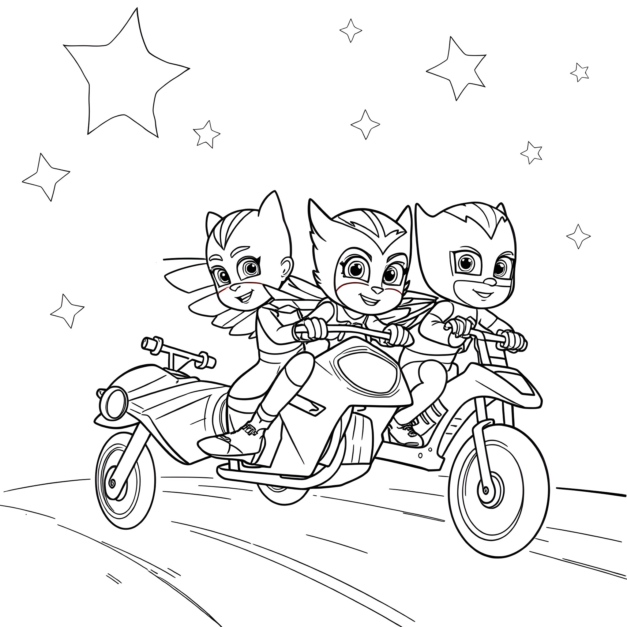 Pj Masks characters riding a scooter in the night Coloring Page (free black-and-white line drawing printable PDF for all, from beginners to advanced learners, including children, teens, adults, and seniors)
