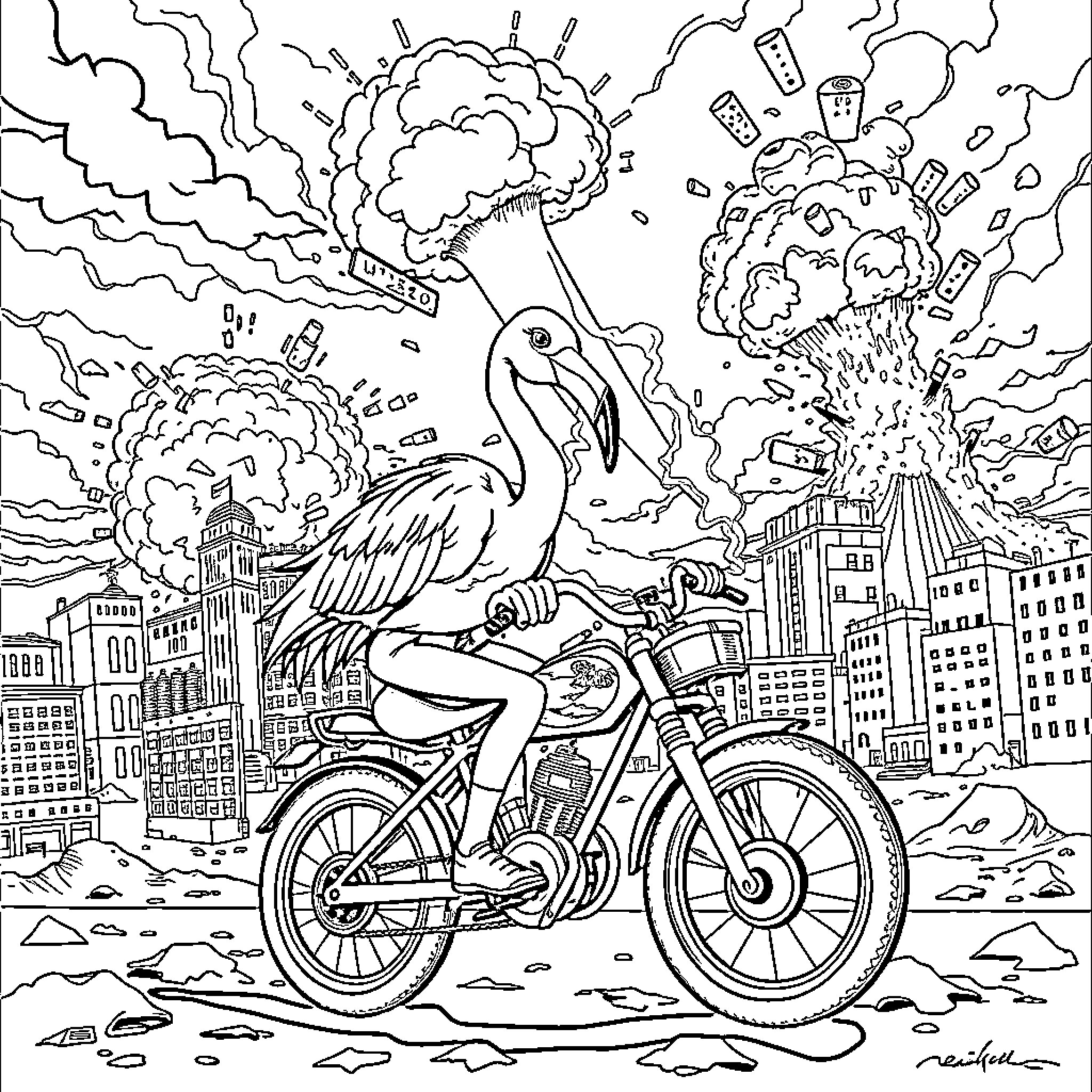 Flamingo riding a bicycle through a chaotic cityscape Coloring Page (free black-and-white line drawing printable PDF for all, from beginners to advanced learners, including children, teens, adults, and seniors)