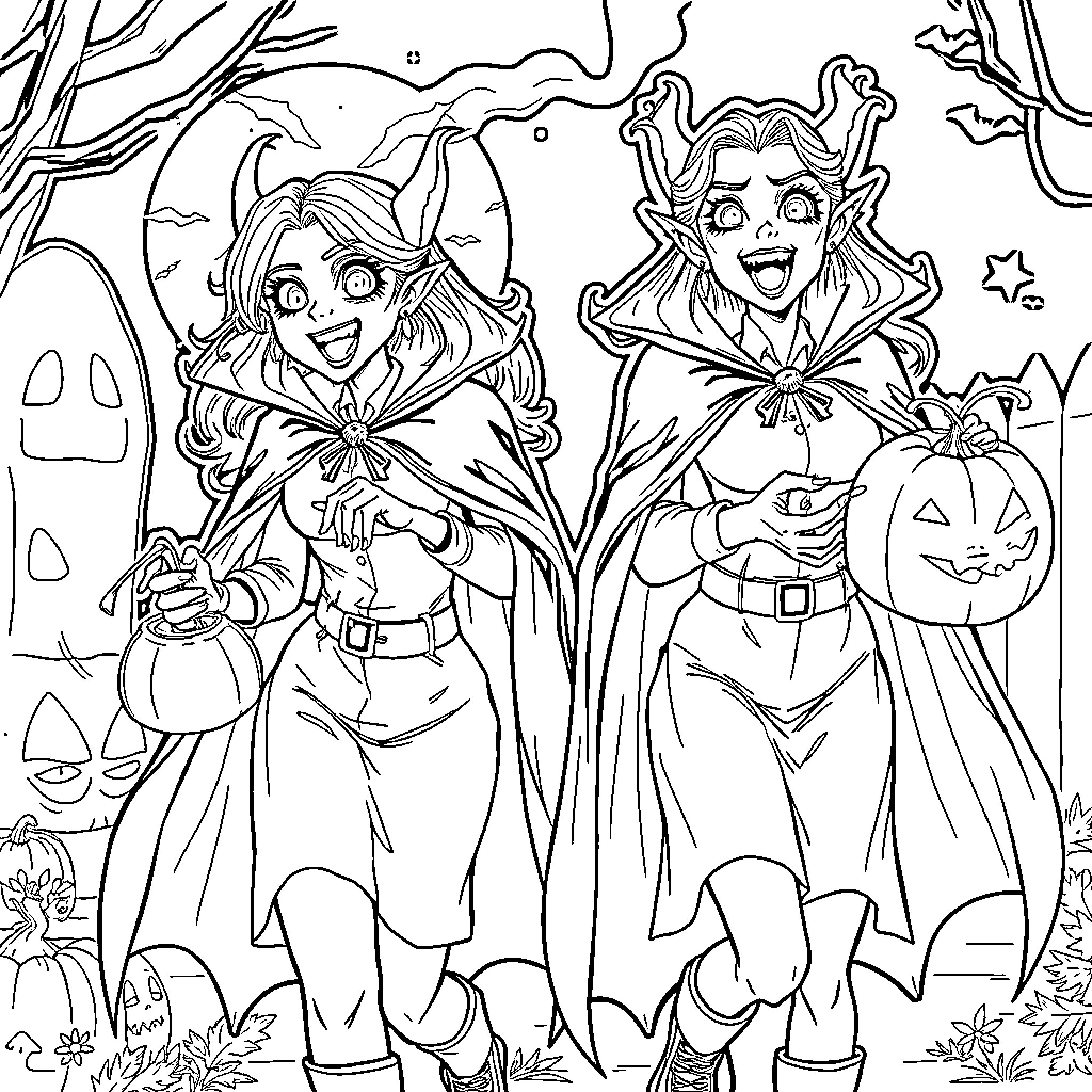Vampire Girls Trick-or-Treating on Halloween Night Coloring Page (free black-and-white line drawing printable PDF for all, from beginners to advanced learners, including children, teens, adults, and seniors)