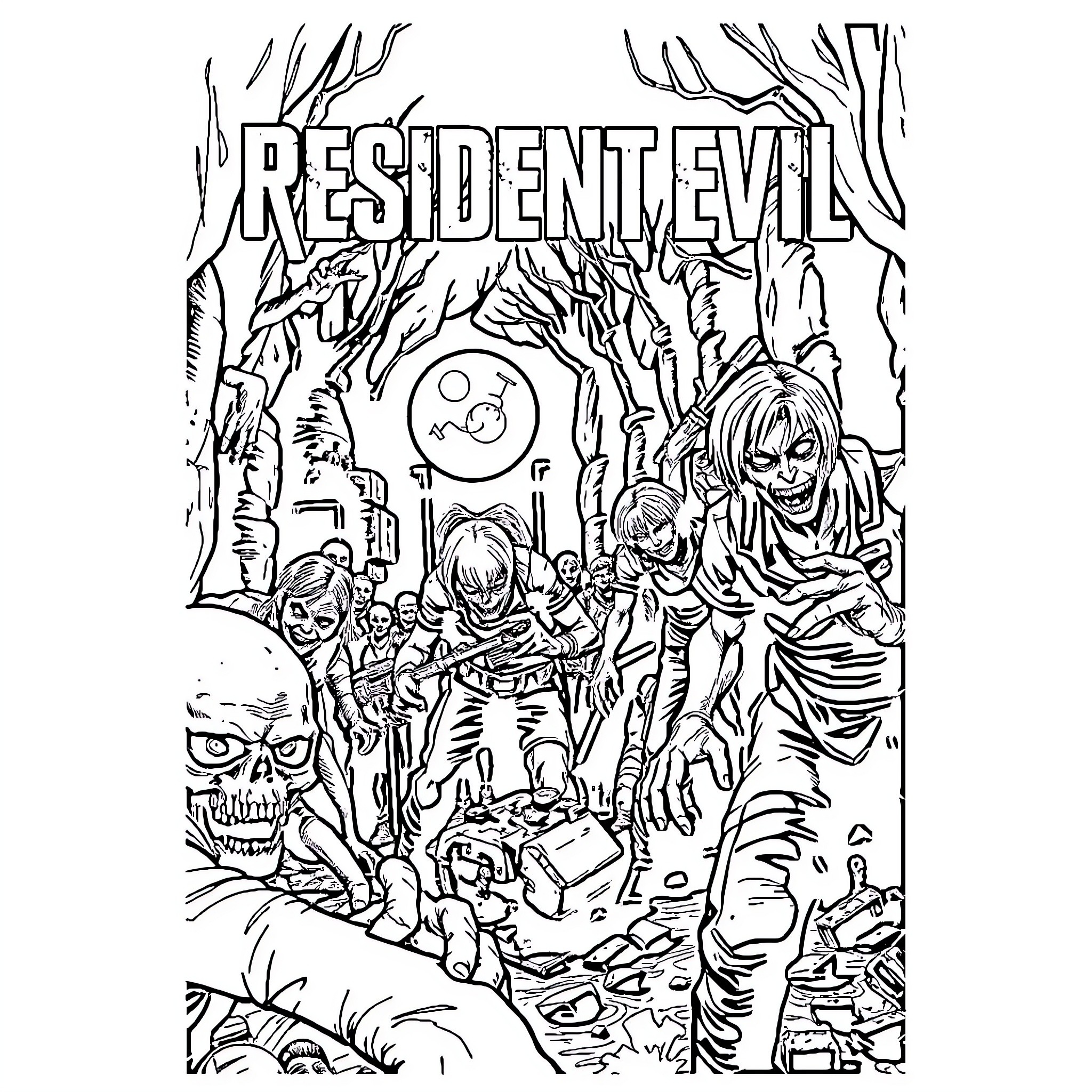 Resident Evil: Survivors Fighting Menacing Creatures Coloring Page (free black-and-white line drawing printable PDF for all, from beginners to advanced learners, including children, teens, adults, and seniors)