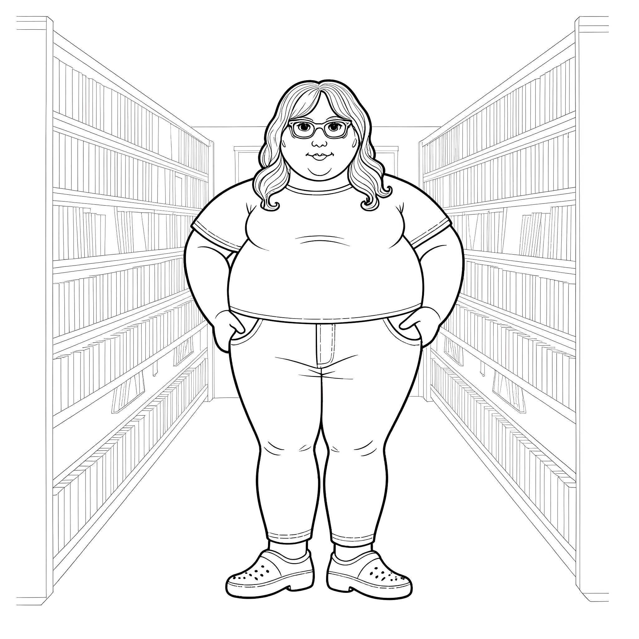 Librarian in a large library with bookshelves Coloring Page (free black-and-white line drawing printable PDF for all, from beginners to advanced learners, including children, teens, adults, and seniors)
