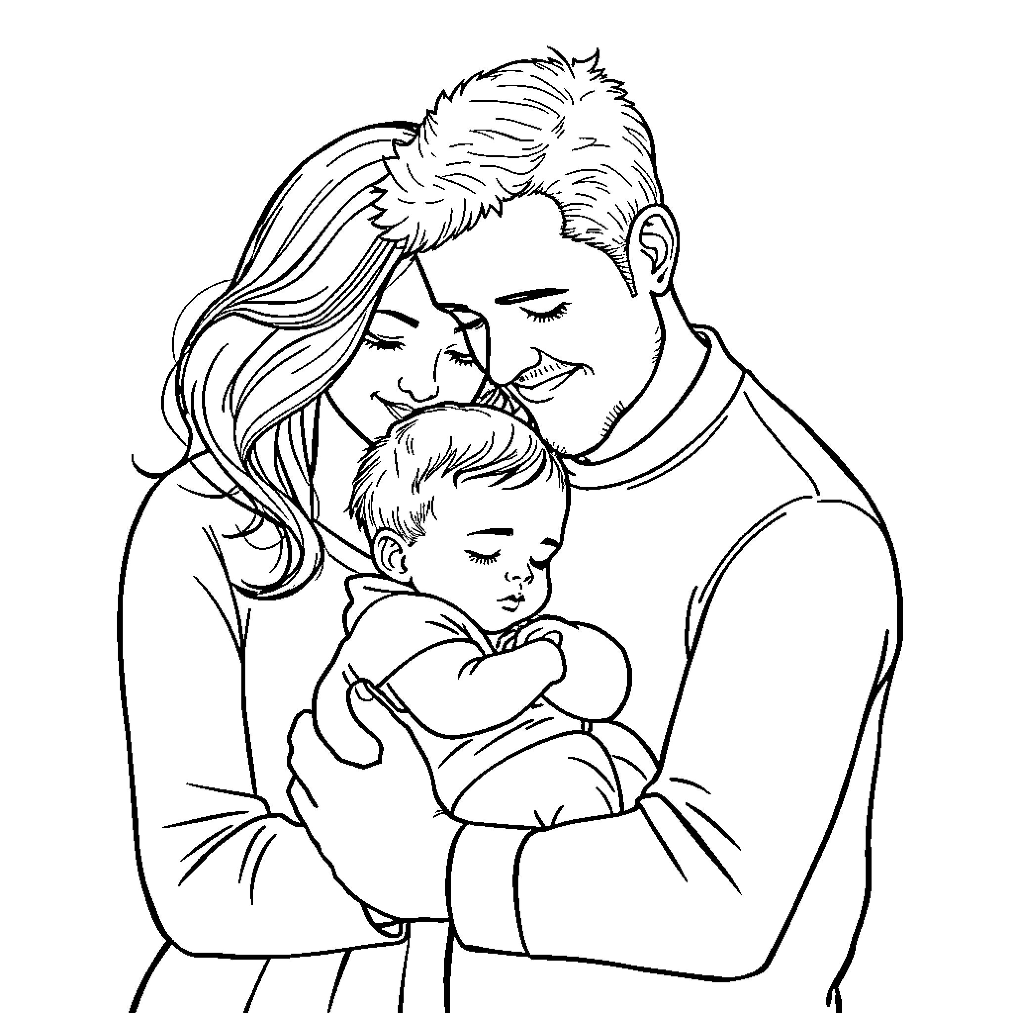 Family Sharing a Loving Embrace Coloring Page (free black-and-white line drawing printable PDF for all, from beginners to advanced learners, including children, teens, adults, and seniors)