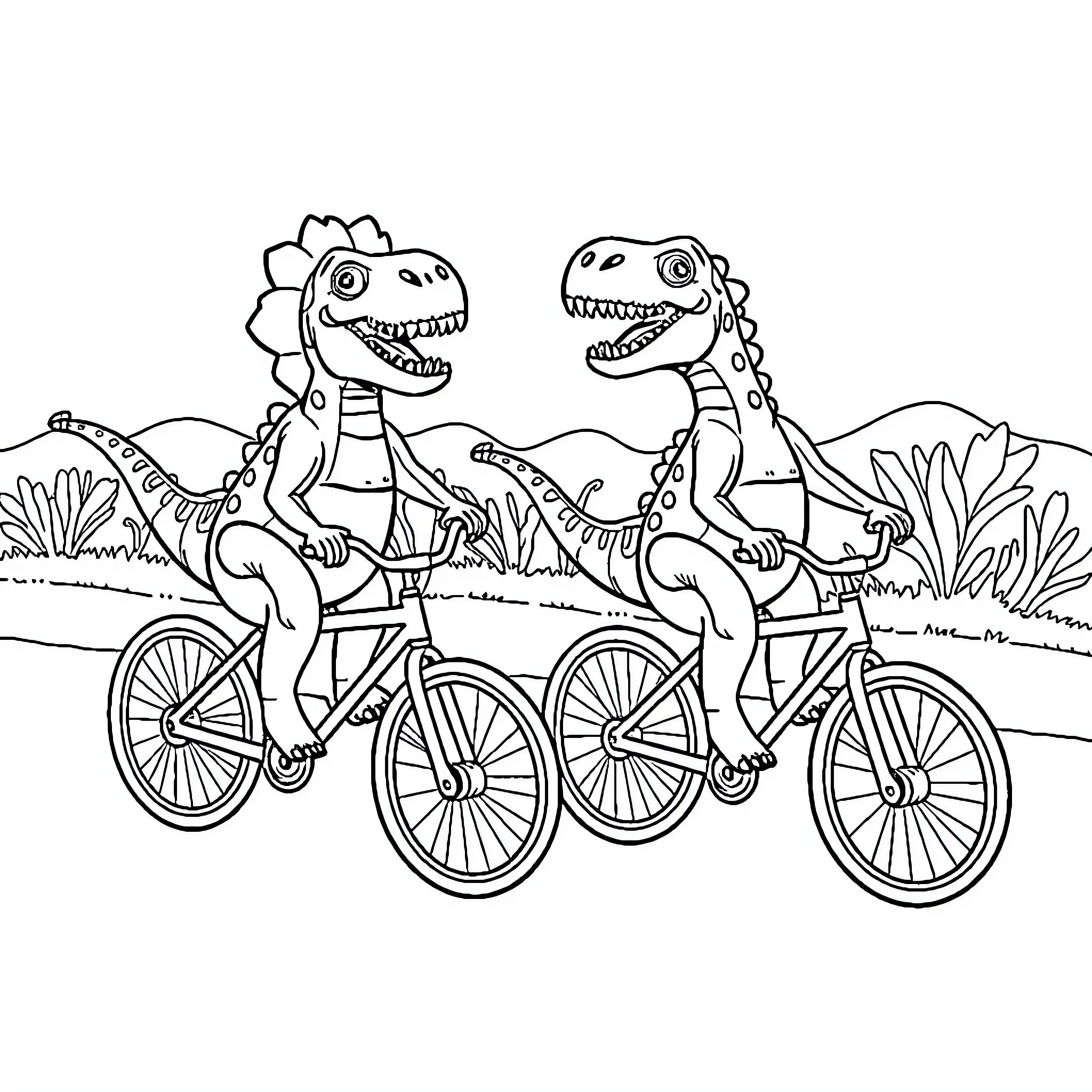 Dinosaurs riding bicycles in a natural setting Coloring Page (free black-and-white line drawing printable PDF for all, from beginners to advanced learners, including children, teens, adults, and seniors)