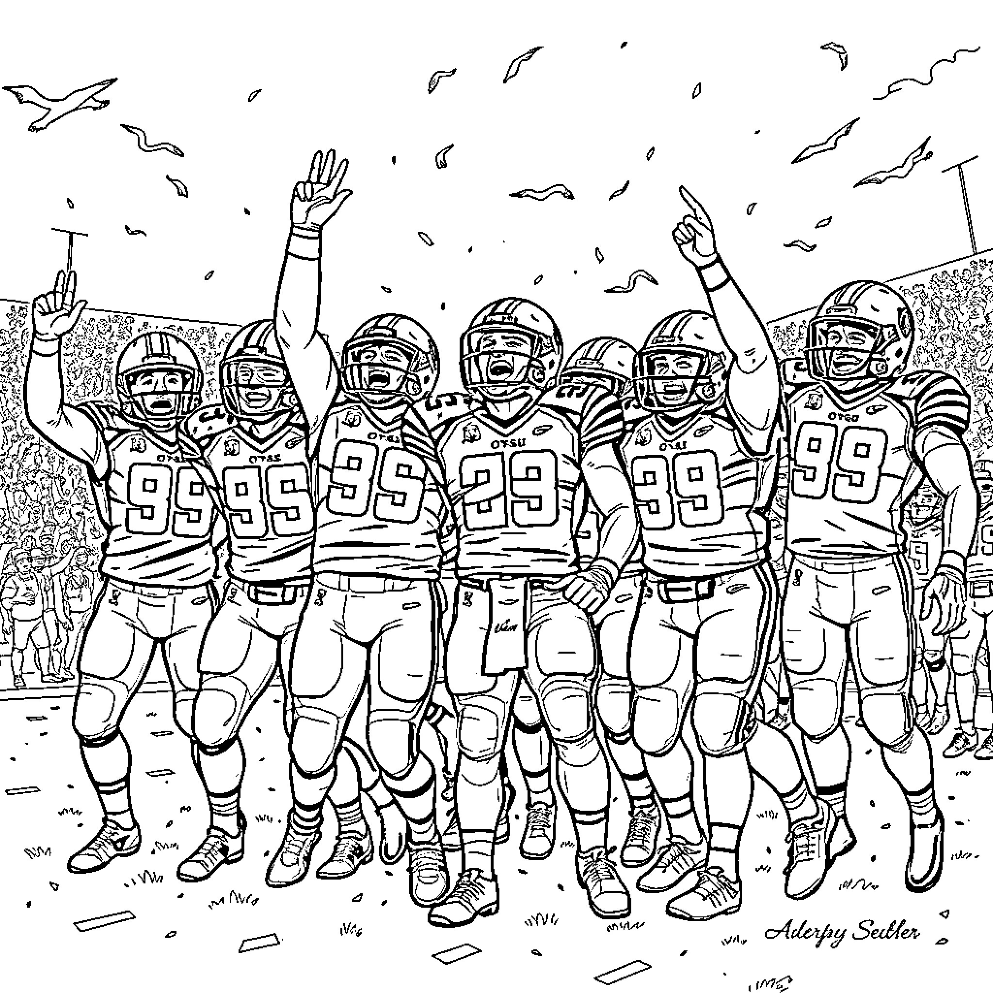 Cowboy football players celebrating victory on the field Coloring Page (free black-and-white line drawing printable PDF for all, from beginners to advanced learners, including children, teens, adults, and seniors)