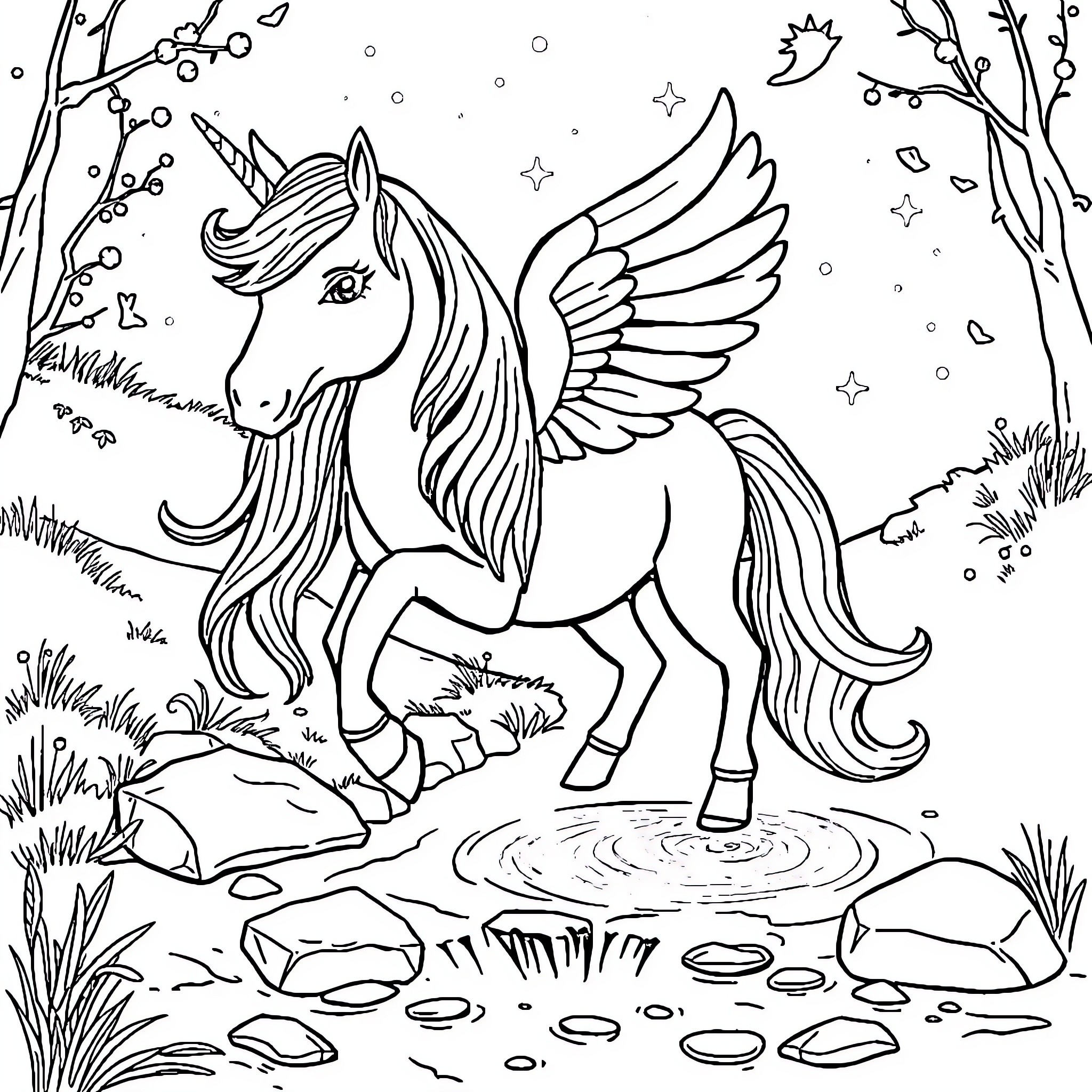 Unicorn with majestic wings walking through enchanted forest Coloring Page (free black-and-white line drawing printable PDF for all, from beginners to advanced learners, including children, teens, adults, and seniors)