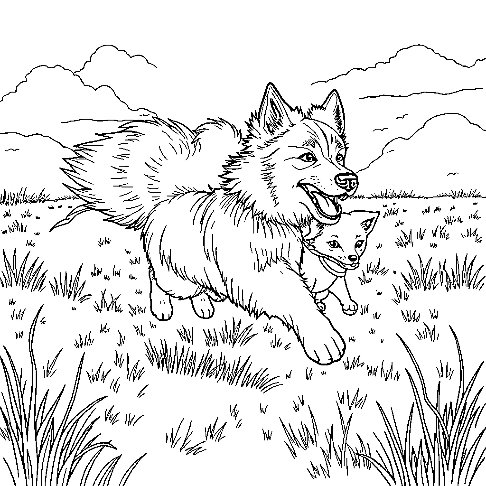 Collie herding pup in picturesque landscape Coloring Page (free black-and-white line drawing printable PDF for all, from beginners to advanced learners, including children, teens, adults, and seniors)