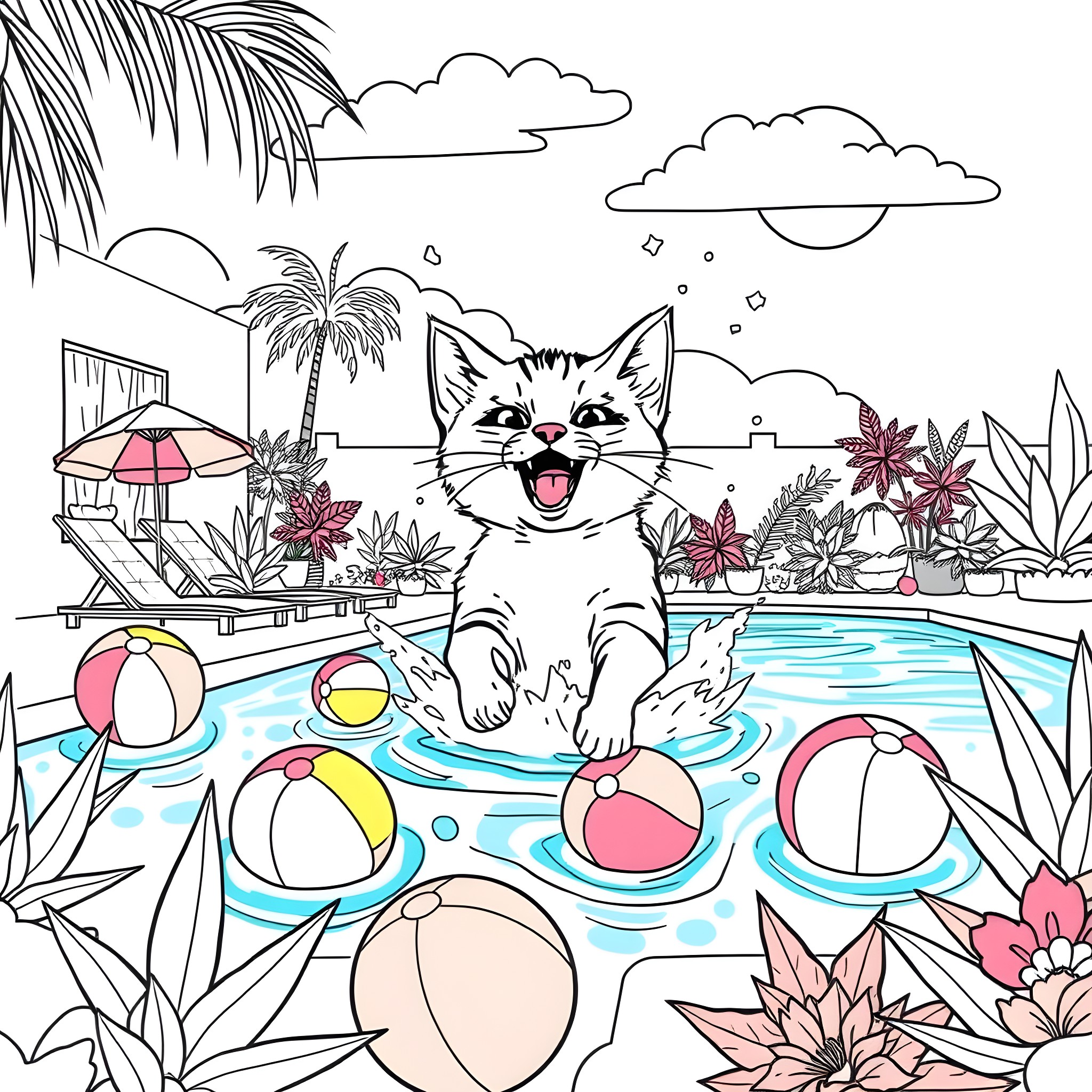 Cat playing joyfully in a tropical pool Coloring Page (free black-and-white line drawing printable PDF for all, from beginners to advanced learners, including children, teens, adults, and seniors)