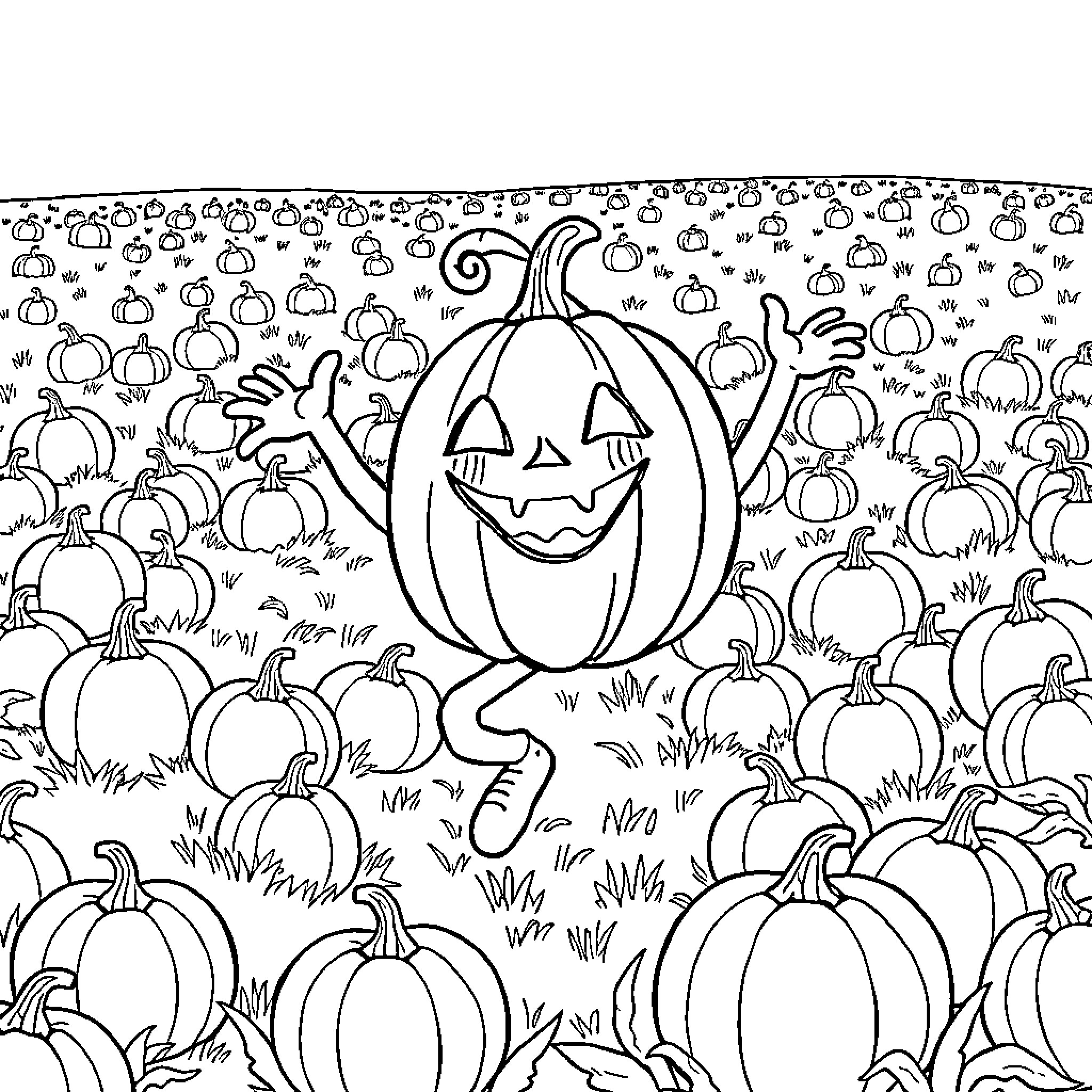 Pumpkin Patch with Smiling Jack-o'-lantern Coloring Page (free black-and-white line drawing printable PDF for all, from beginners to advanced learners, including children, teens, adults, and seniors)