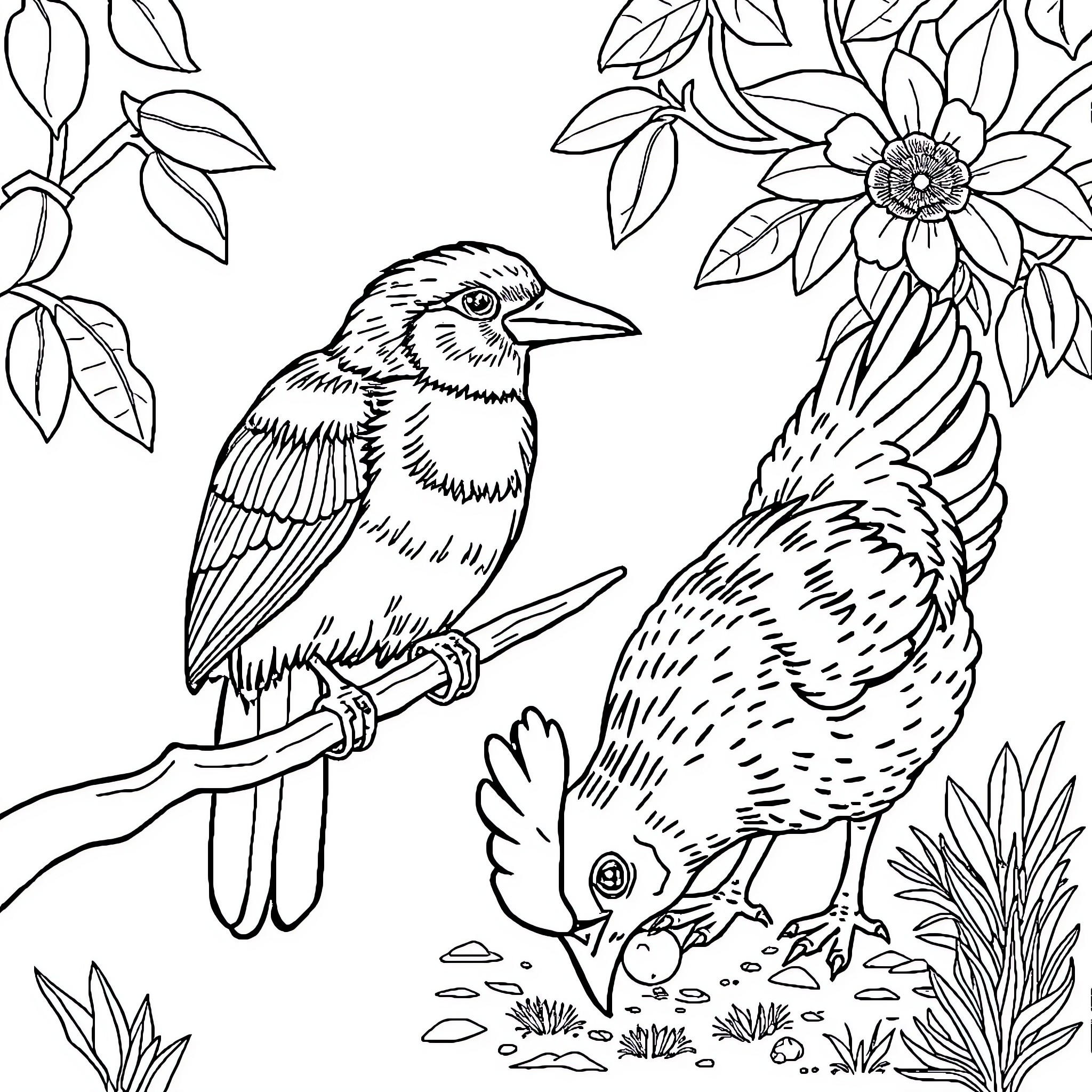 Bird perched in flowers and foliage Coloring Page (free black-and-white line drawing printable PDF for all, from beginners to advanced learners, including children, teens, adults, and seniors)