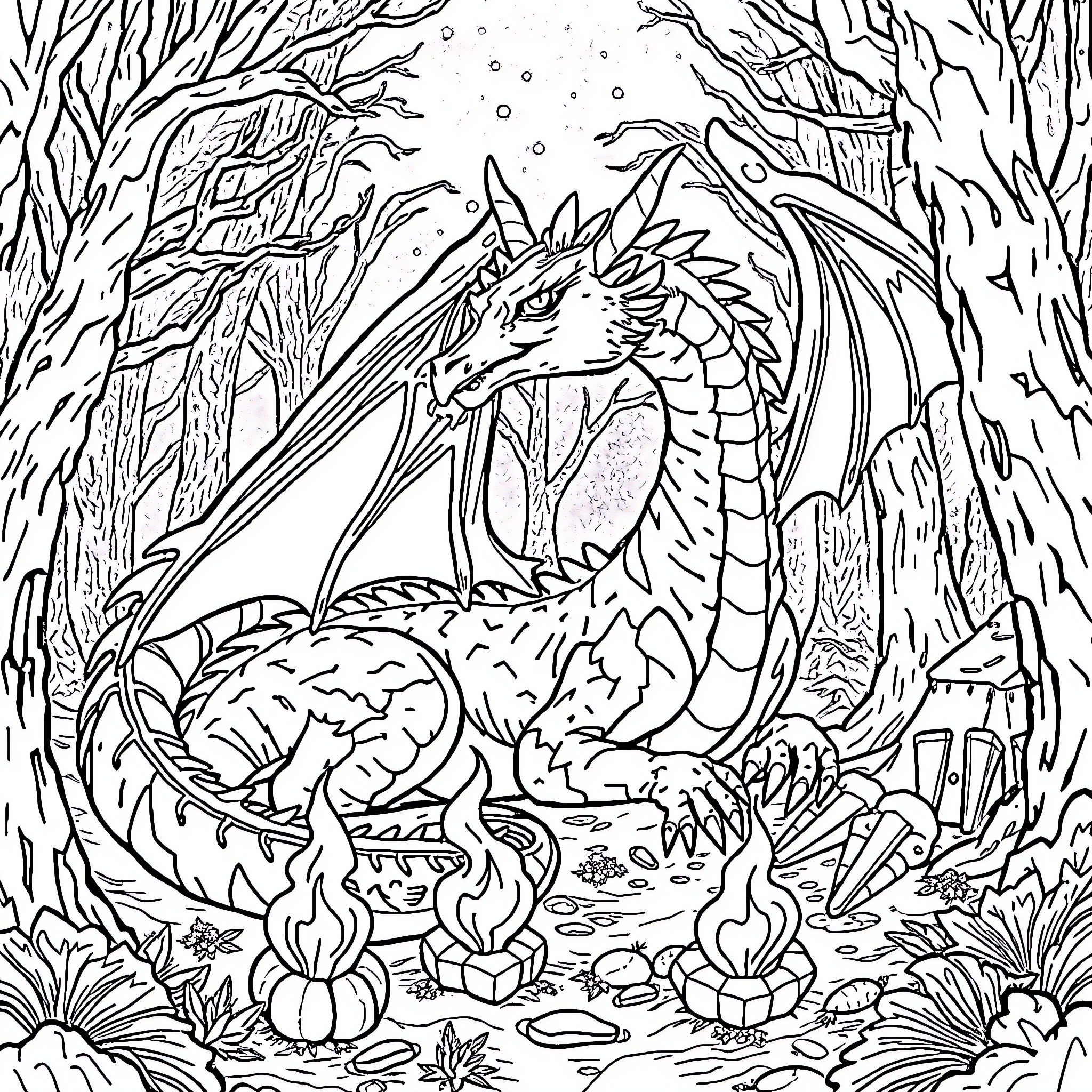 Dragon in a Mystical Forest Coloring Page (free black-and-white line drawing printable PDF for all, from beginners to advanced learners, including children, teens, adults, and seniors)