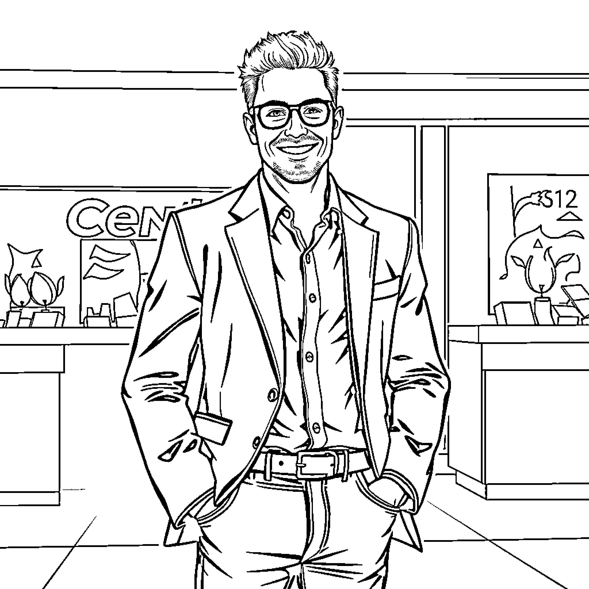 Derek Doernbach posing confidently in a business setting Coloring Page (free black-and-white line drawing printable PDF for all, from beginners to advanced learners, including children, teens, adults, and seniors)